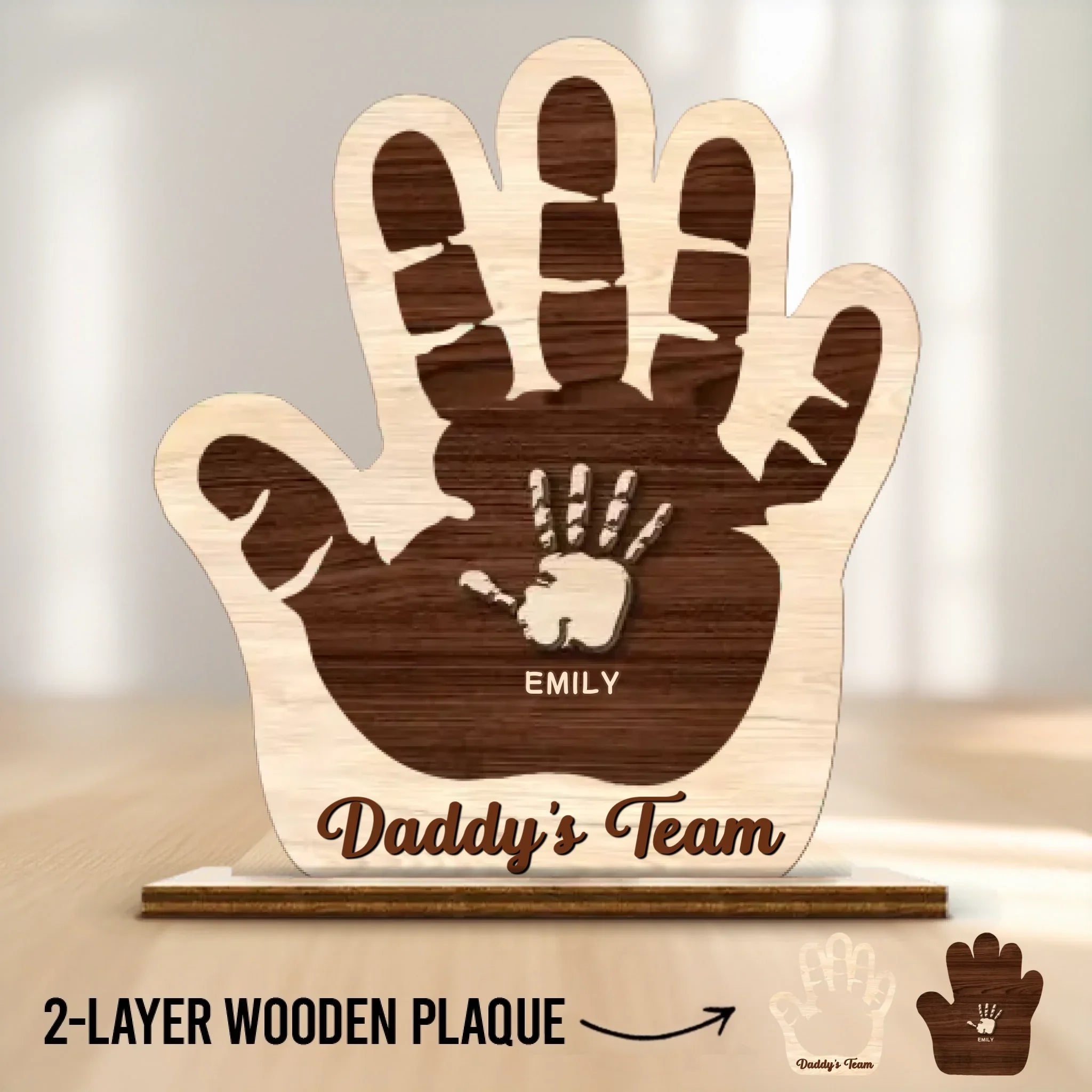 Side By Side, Hand In Hand - Family Personalized Custom Shaped 2-Layered Wooden Plaque With Flat Stand - Father's Day, House Warming Gift For Dad, Grandpa