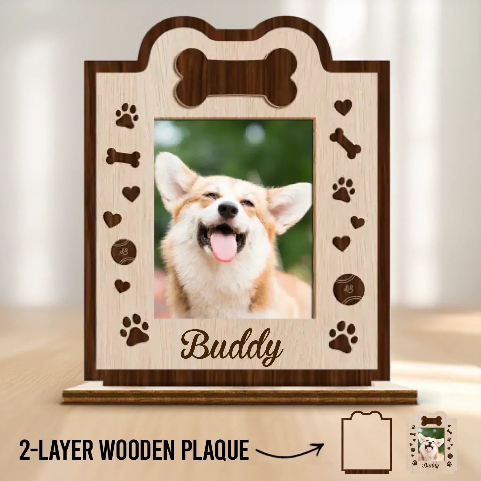 Custom Photo Our Pets Are Our Family - Dog & Cat Personalized Custom Shaped 2-Layered Wooden Plaque With Flat Stand - House Warming Gift For Pet Owners, Pet Lovers