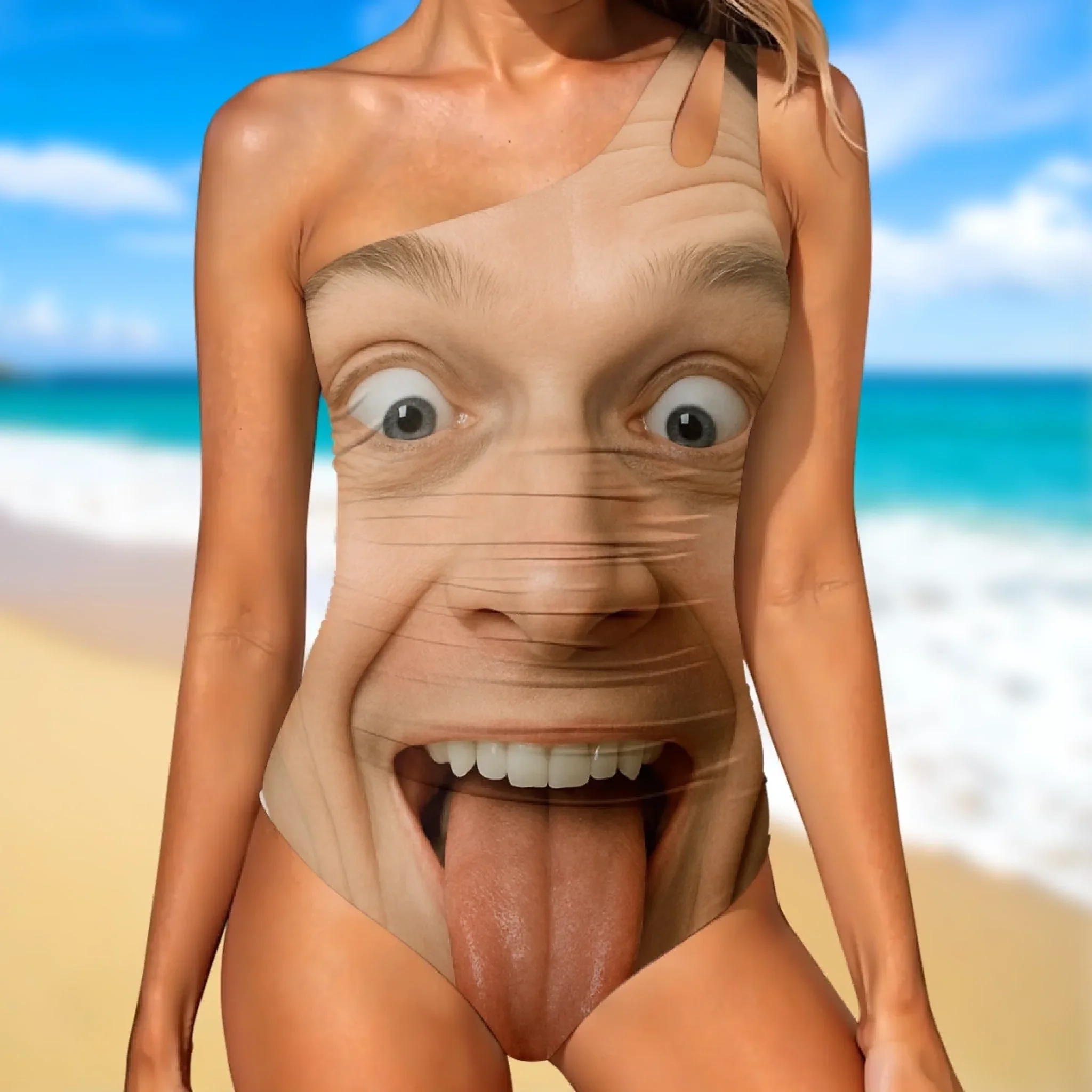 Custom Photo Sun Out, Tongue Out - Couple Personalized Custom One Piece Swimsuit - Summer Vacation Gift For Husband Wife, Anniversary