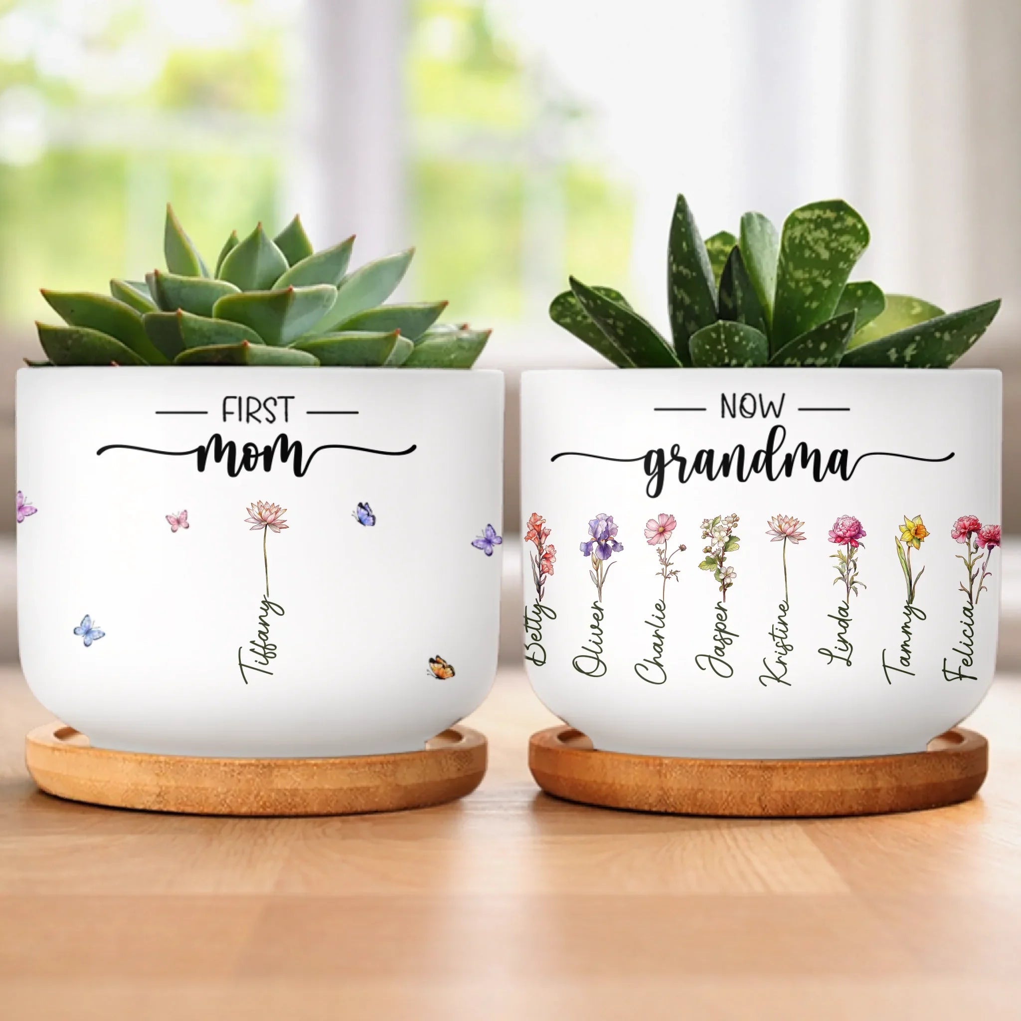 First Mom Now Grandma - Family Personalized Custom Home Decor Ceramic Plant Pot - Mother's Day, House Warming Gift For Mom, Grandma
