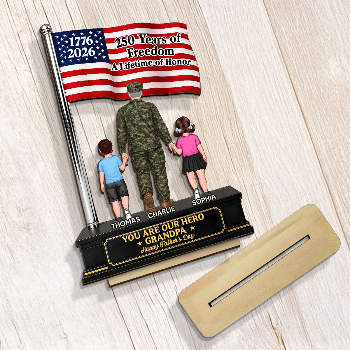 Proud American Military Veteran Grandpa Dad America 250th Anniversary - Personalized 2-Layered Wooden Plaque - Gift For Dad, Grandpa Husband