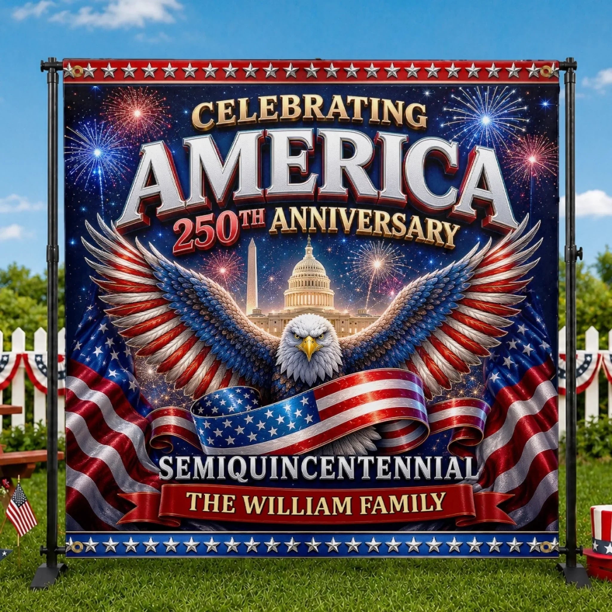 Custom Backdrop - Personalized America 250th Anniversary Gifts For Mom, Dad, Brother, Sister, Kids - Backyard Party, Patriotic Edition