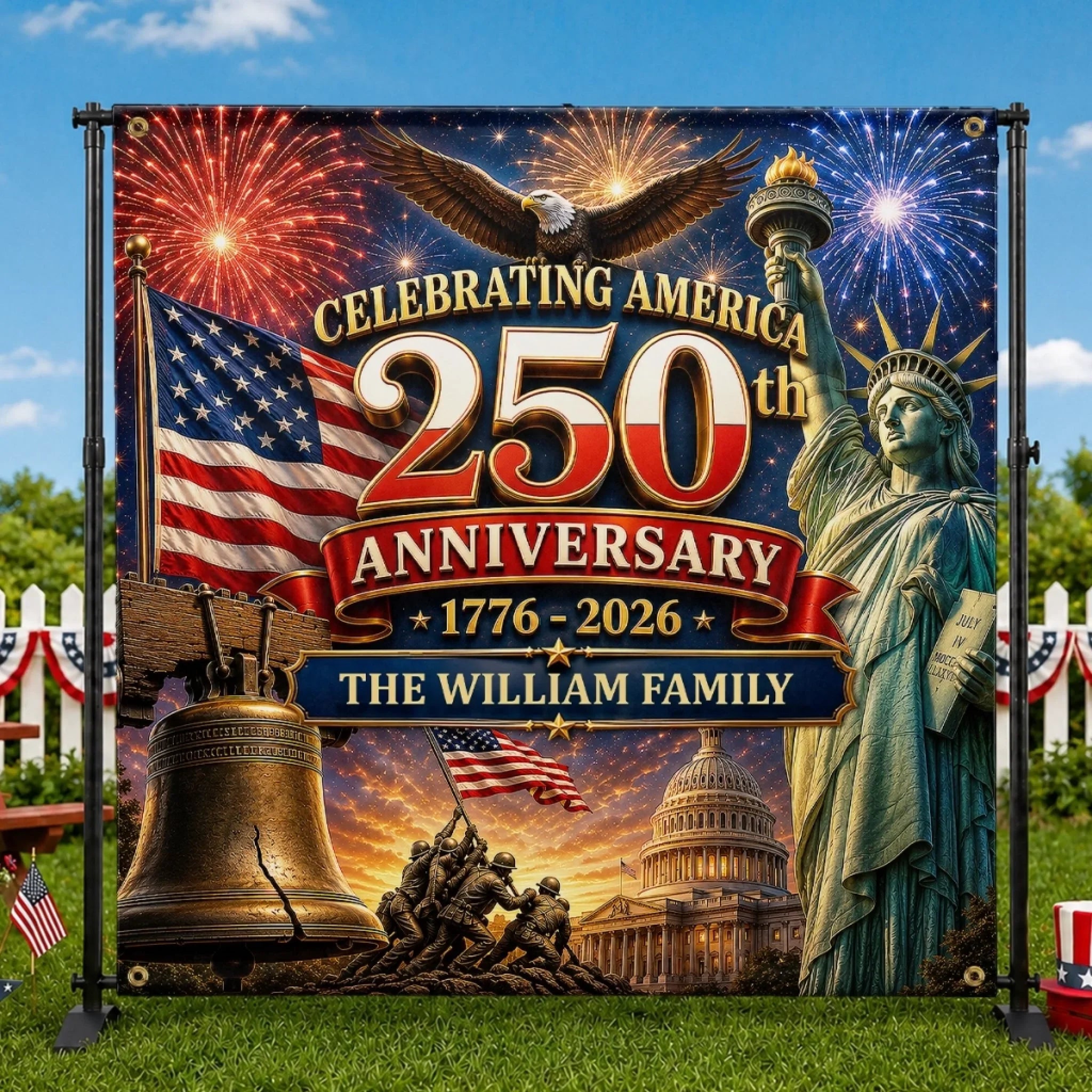 Custom Backdrop - Personalized America 250th Anniversary Gifts For Mom, Dad, Brother, Sister, Kids - Red, White, Blue And Legendary