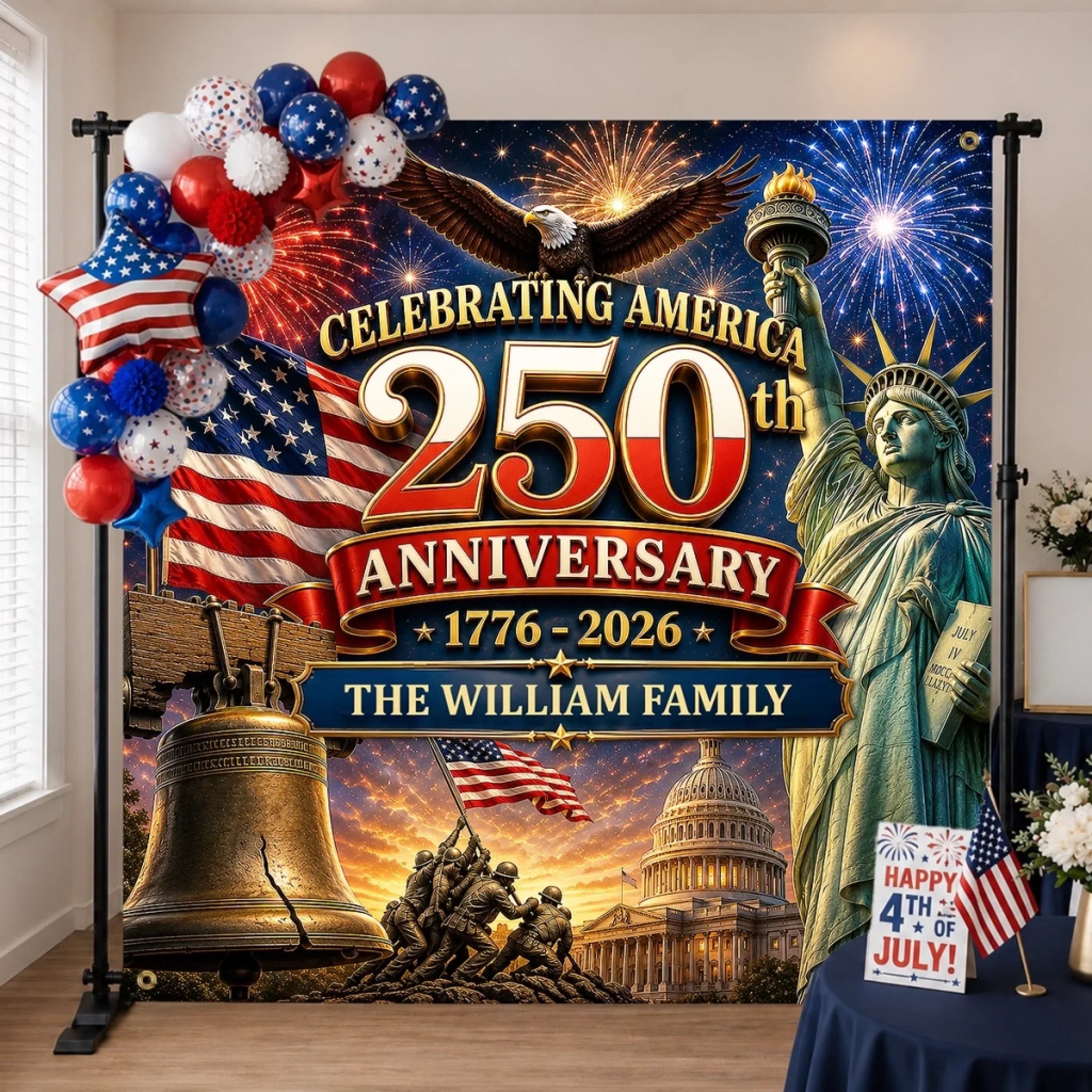Custom Backdrop - Personalized America 250th Anniversary Gifts For Mom, Dad, Brother, Sister, Kids - Red, White, Blue And Legendary