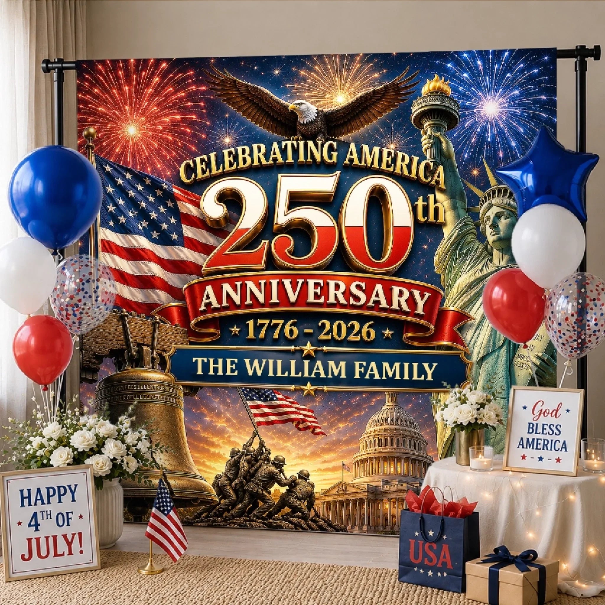 Custom Backdrop - Personalized America 250th Anniversary Gifts For Mom, Dad, Brother, Sister, Kids - Red, White, Blue And Legendary