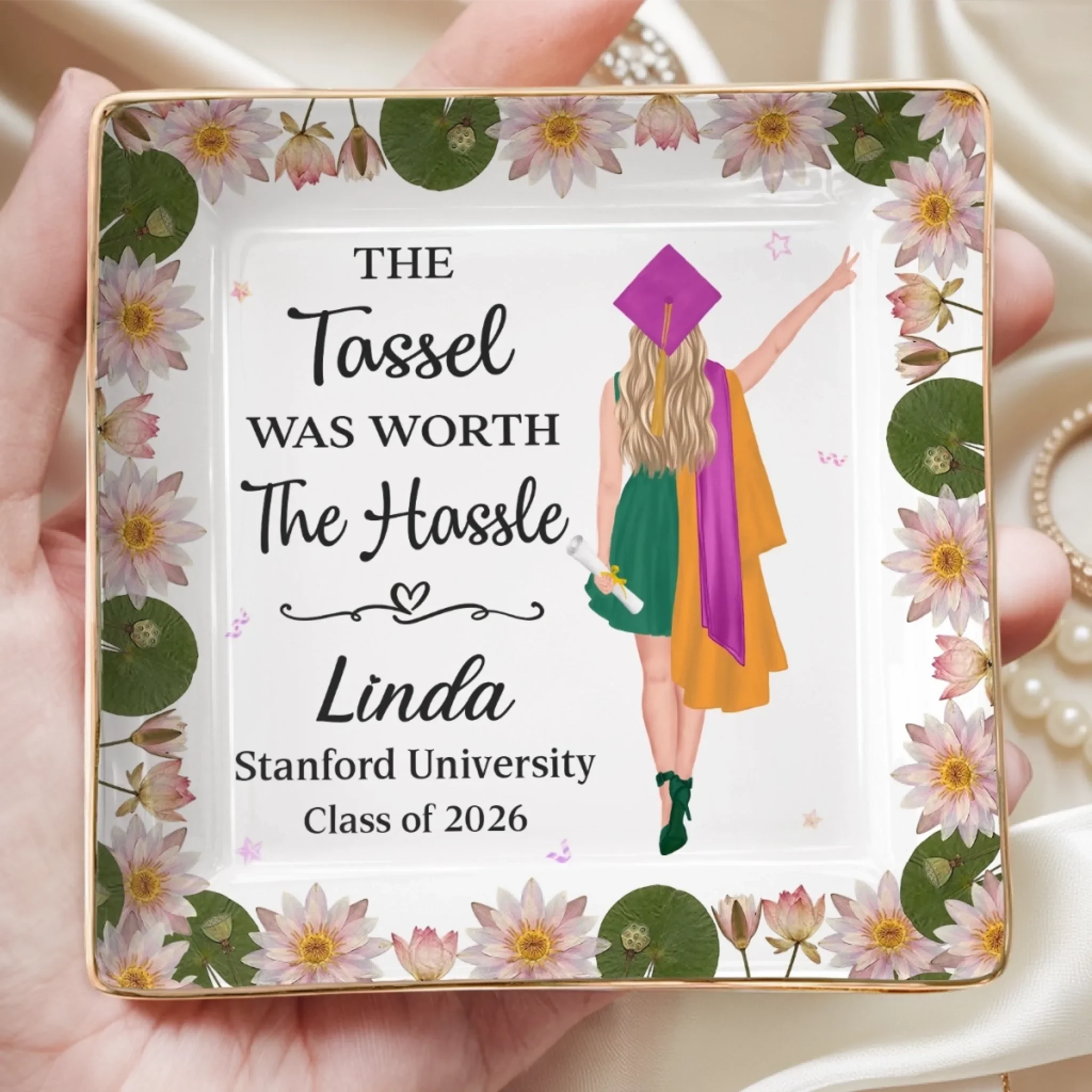 Custom Full-Print Jewelry Dish - Personalized Graduation Gifts For Her - Bloom Boldly, Graduate Girl