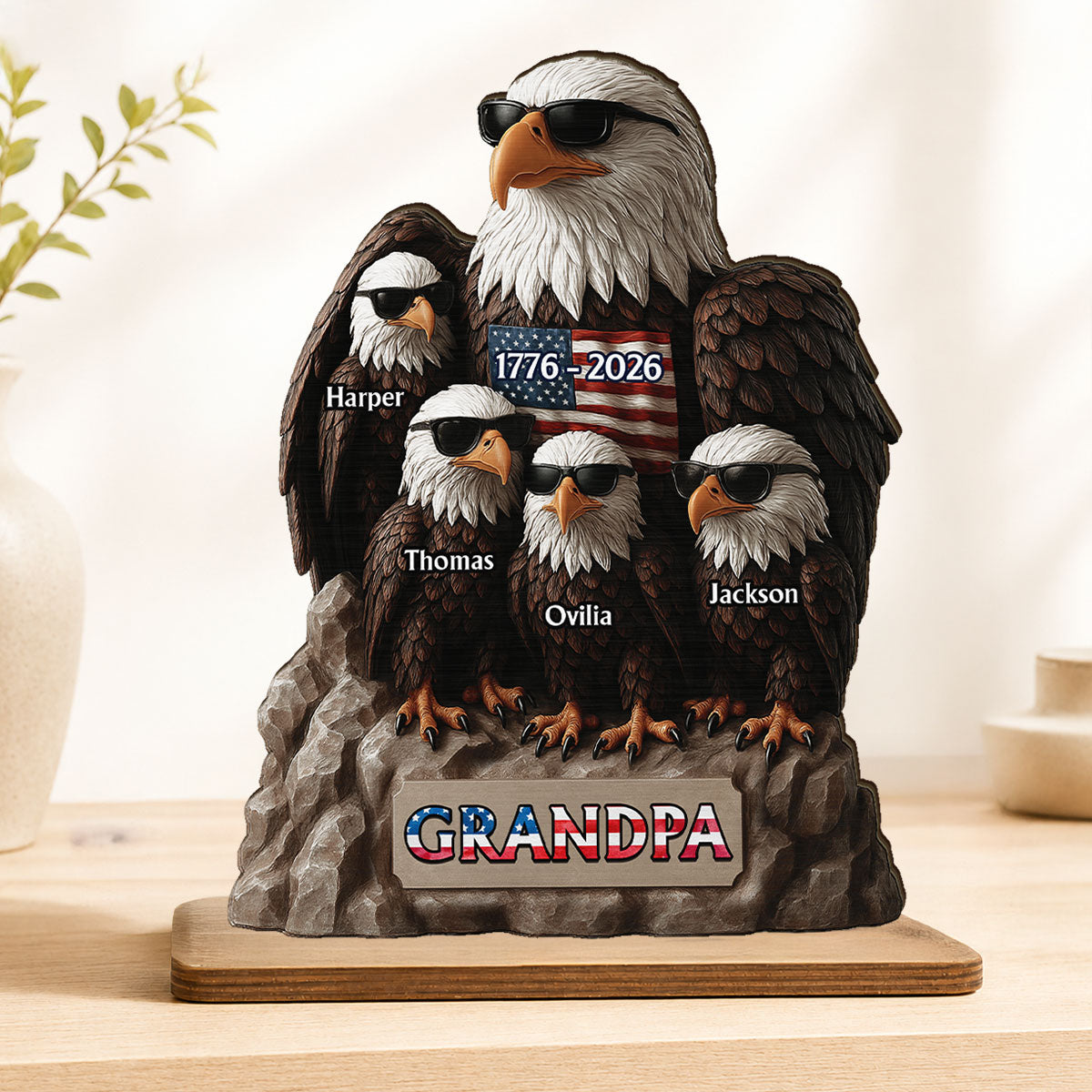 America 250th Anniversary Patriotic Eagle Grandpa Dad & Kids - Personalized 2-Layered Wooden Plaque - Gift, 250th Anniversary Gift, Keepsake For Grandpa, Dad