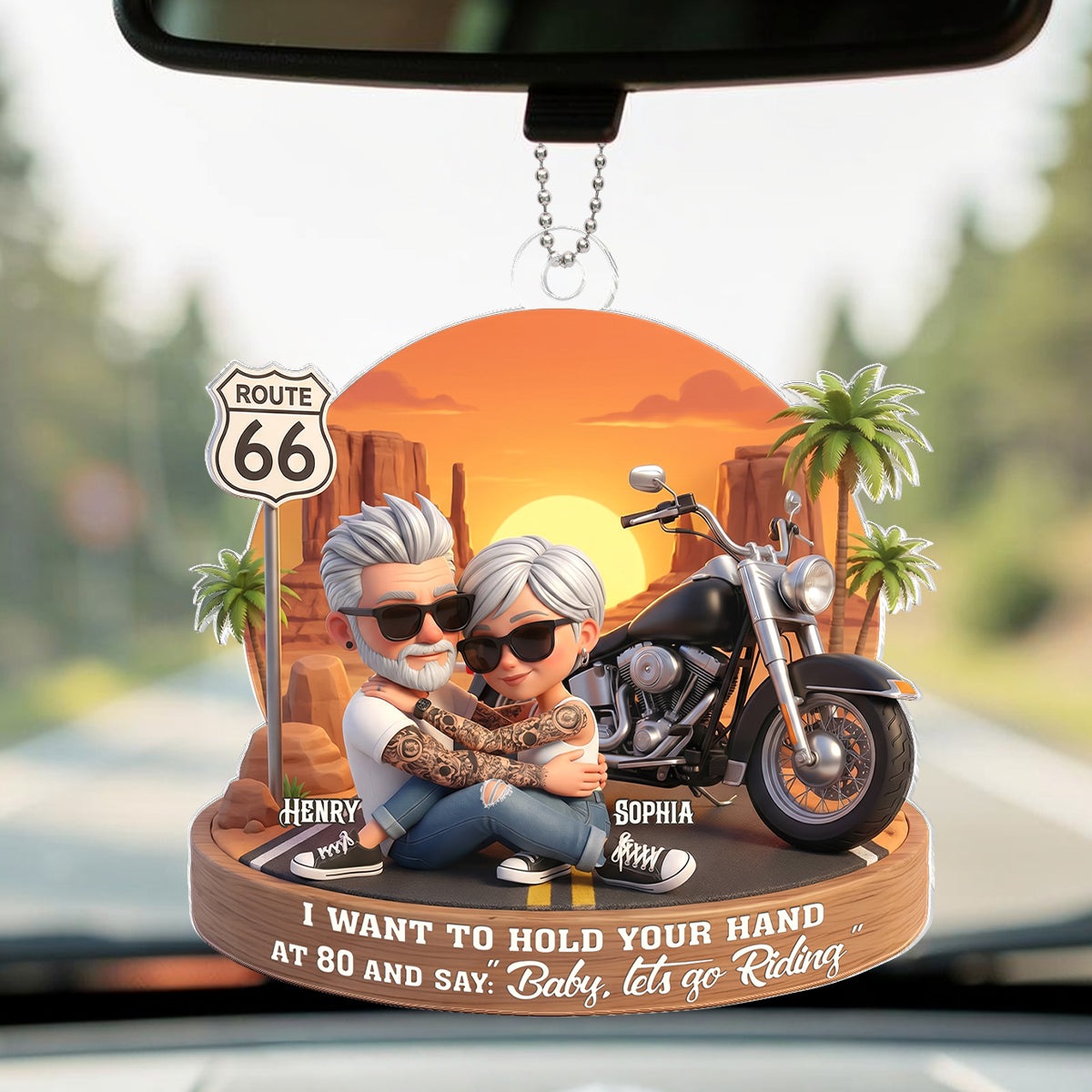 3D Effect Old Couple Baby Let's Go Riding - Personalized Acrylic Car Hanger - Sentimental Gift for him, for her