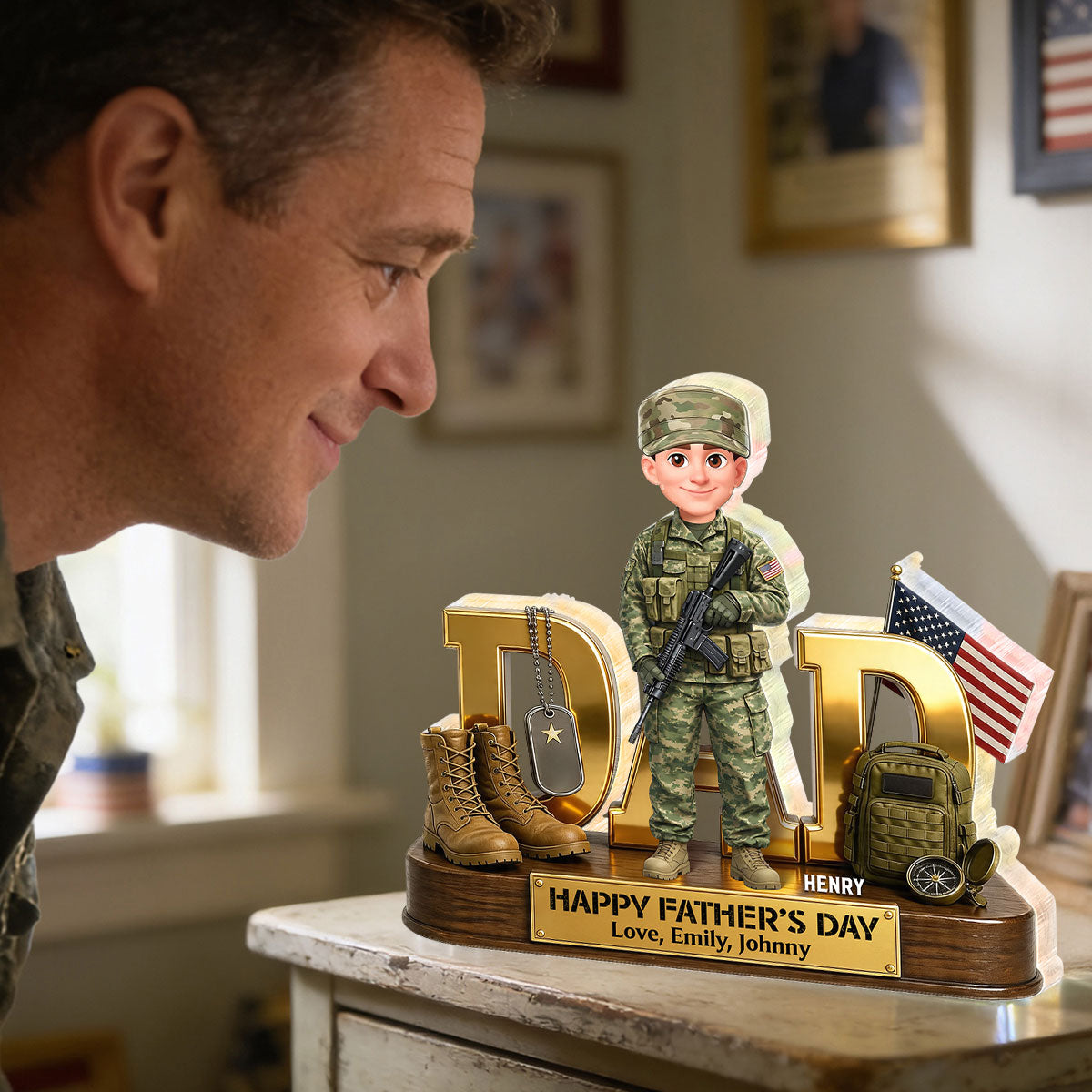 Proud American Military Armed Force Hero Dad 2D Flat - Personalized Acrylic Block Plaque - Unique Trending Gift For Dad, Husband