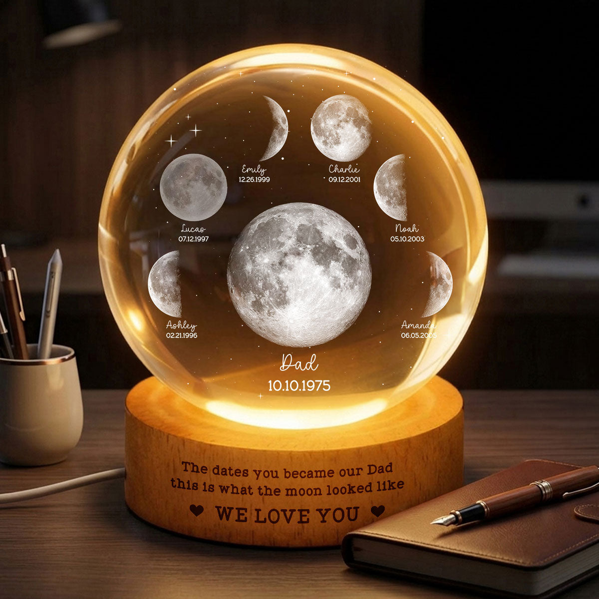 The Date You Became Our Dad - Personalized Crystal Ball LED Night Light - Custom Moon Phase by Date, Gift for Dad, Husband