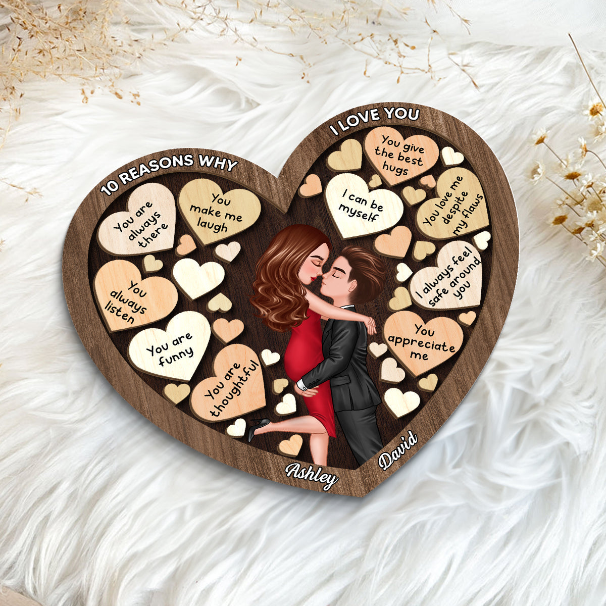 Couple Kissing In Heart Reasons I Love You Personalized 2-layer Wooden Plaque, Gift For Him, Gift For Her