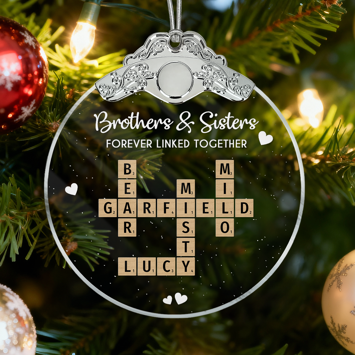 Brothers Sisters Siblings Forever Linked Together Crossword Puzzle Art - Personalized Glass Ornament With Silver Cap - Gift For Siblings, Brothers, Sisters