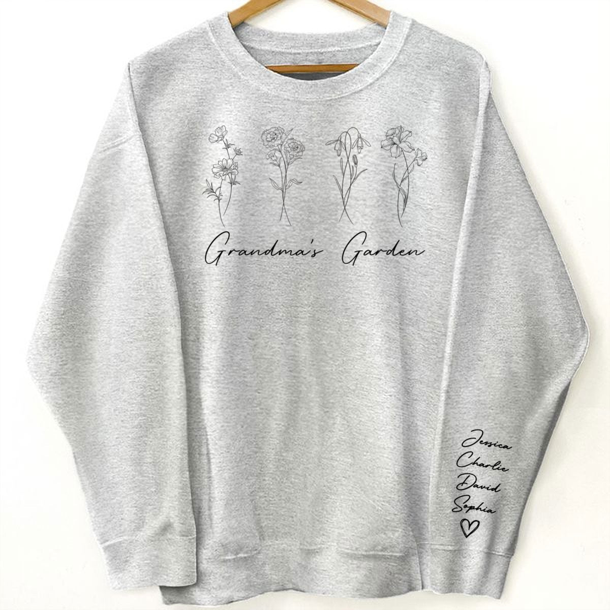Outline Birth Month Flowers Personalized Sleeve Printed Sweatshirt, Gift For Mom Grandma Aunt
