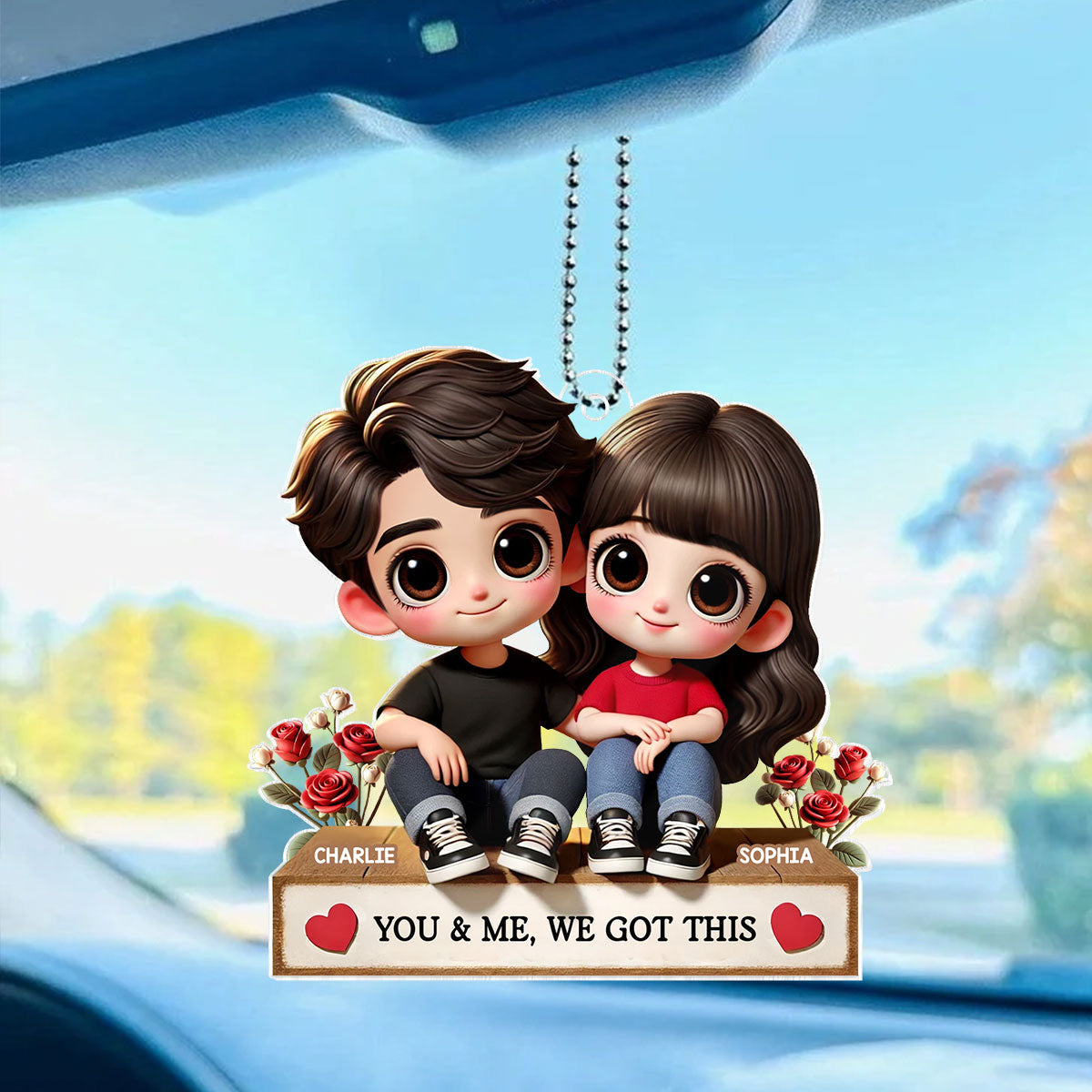 3D Effect Cartoon Couple Sitting Next To Each Other Personalized Acrylic Car Hanger, Anniversary Gift for him, Gift for her