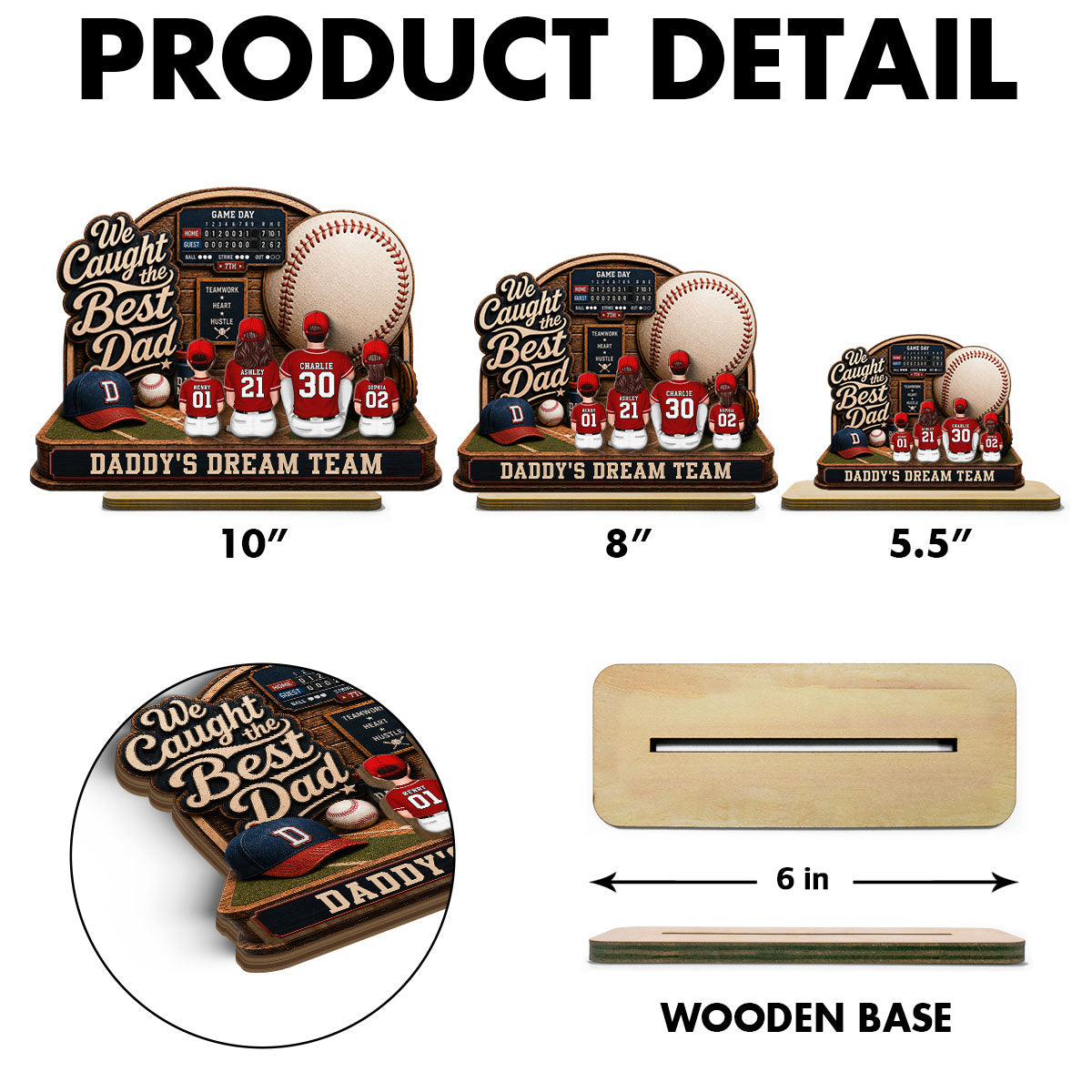 Baseball Things Dad & Kids Back View Sitting 2D Flat - Personalized 2-Layered Wooden Plaque - Happy For Baseball Dad