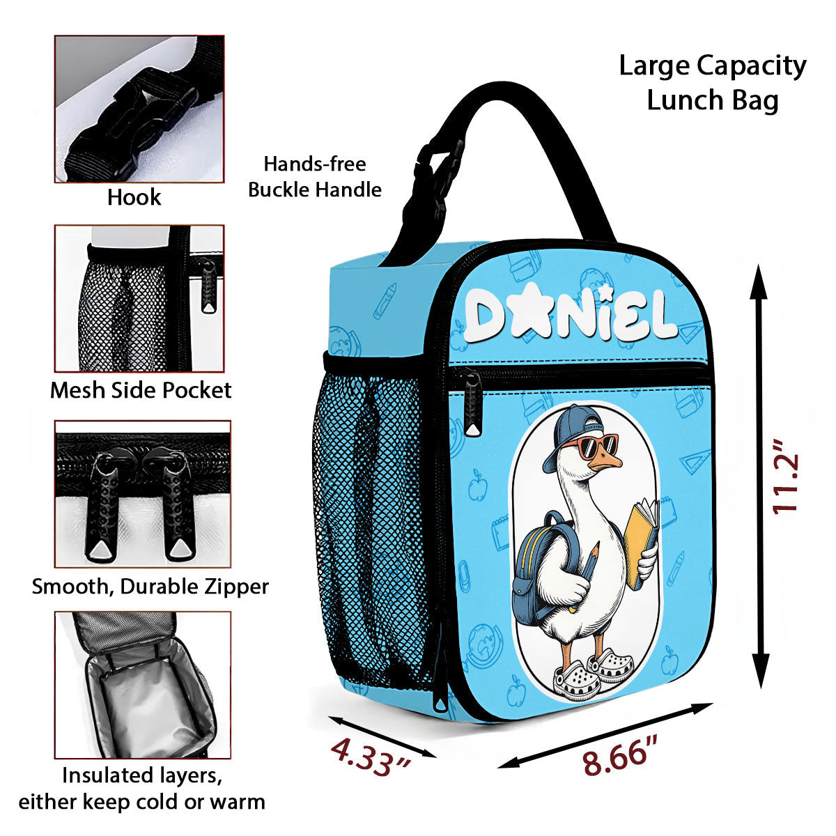 Back to School Goose Personalized Insulated Lunch Bag for Boy Girl