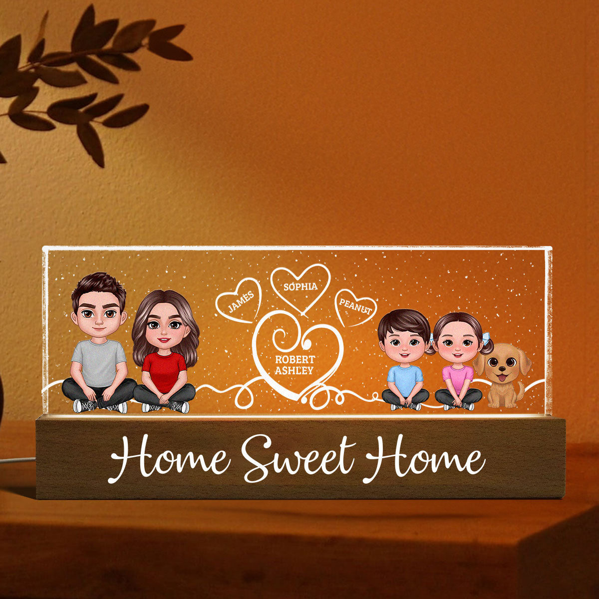 Home Sweet Home Cute Family Sitting Crossed Legs Personalized Acrylic Block LED Night Light, Gift For Her, Gift For Him