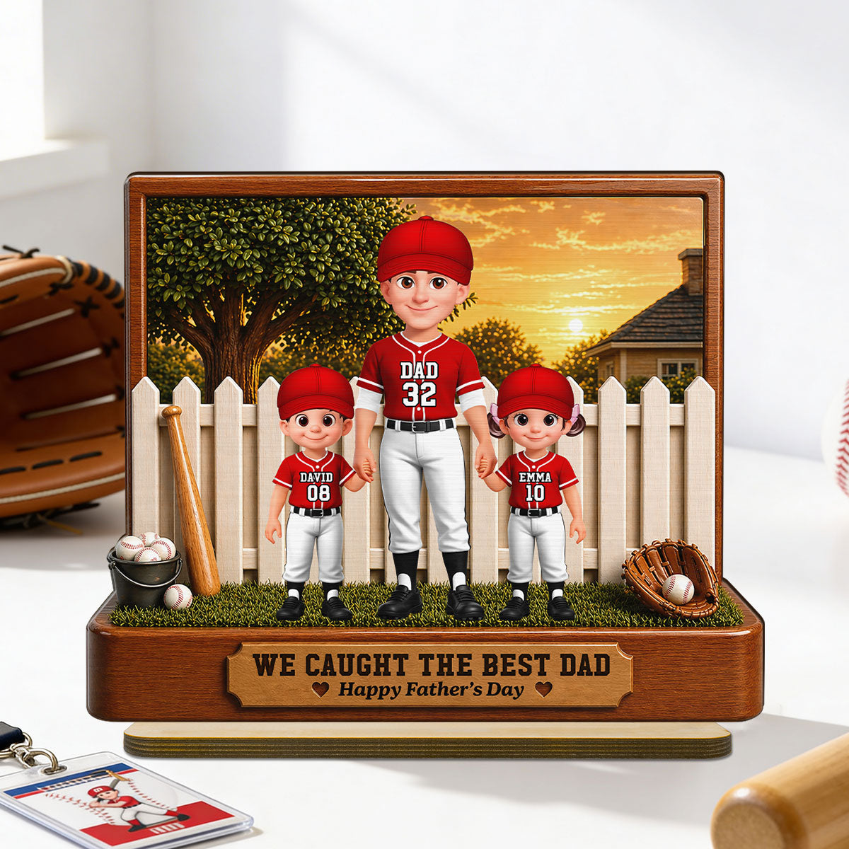 Baseball Dad And Kids Backyard We Caught The Best Dad - Personalized 2-Layered Wooden Plaque - Gift For Dad