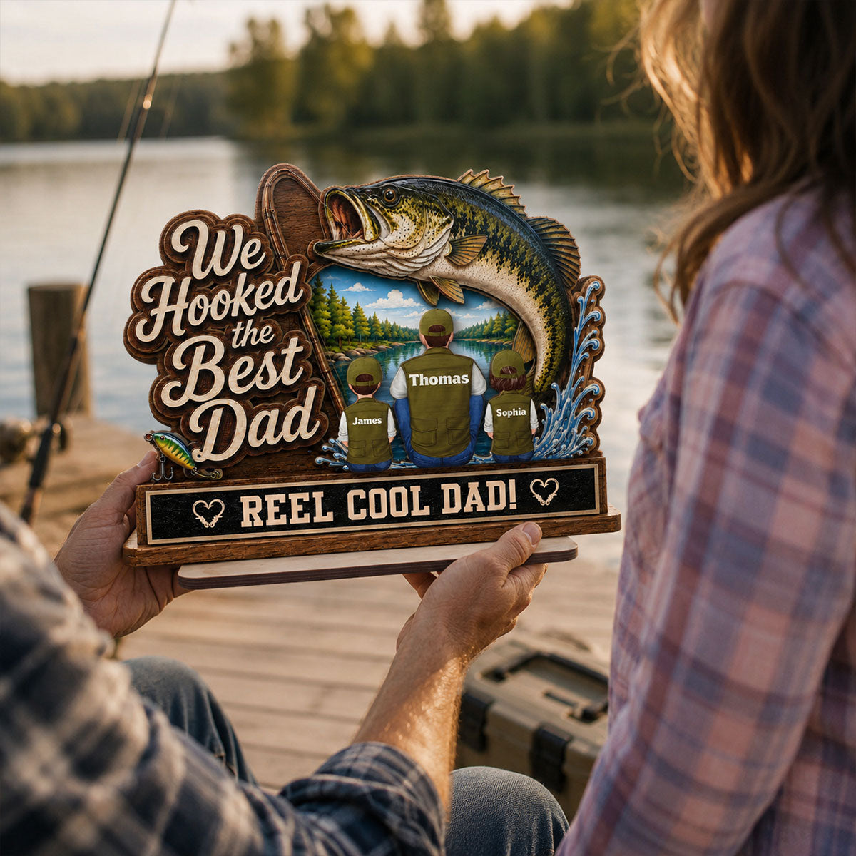 We Hooked The Best Dad Grandpa Back View 2D Flat - Personalized 2-Layered Wooden Plaque - Gift For Fishing Lovers