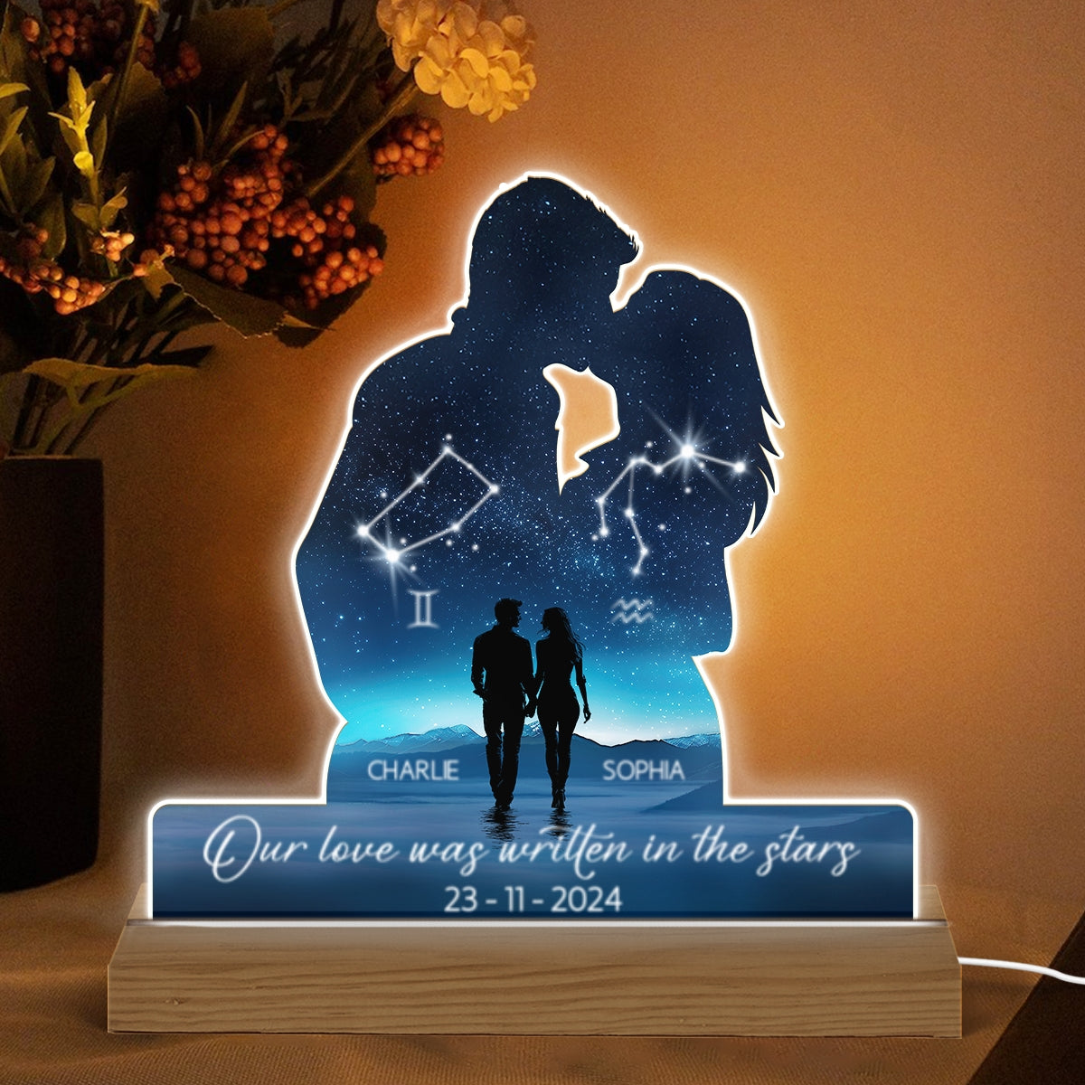 Our Love Was Written In The Stars Personalized Couple Kissing Shaped Acrylic LED Night Light, Anniversary Gift For Her, For Him, Husband, Wife