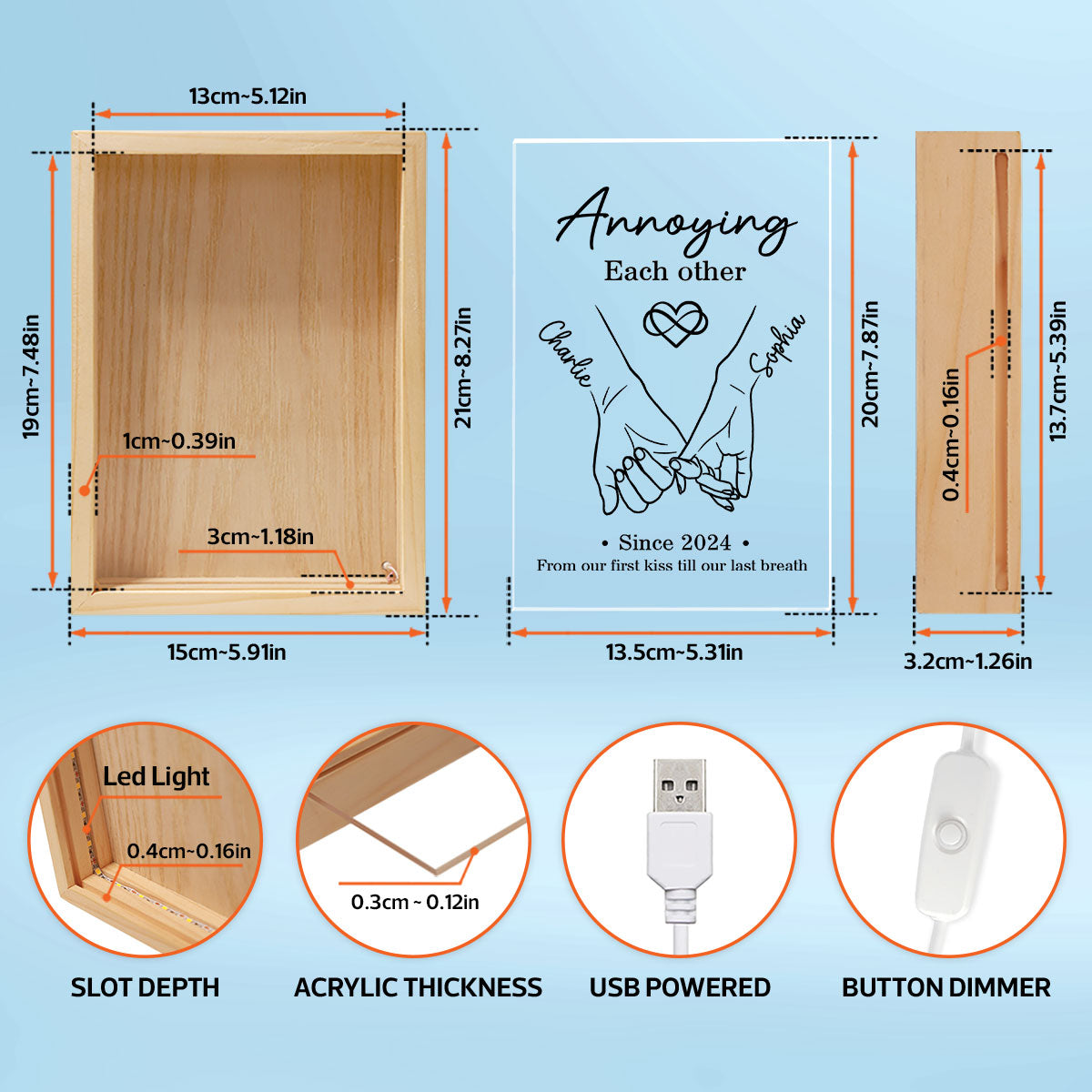Couple Hand in Hand Outline Gift Personalized Wooden Frame LED Light Box
