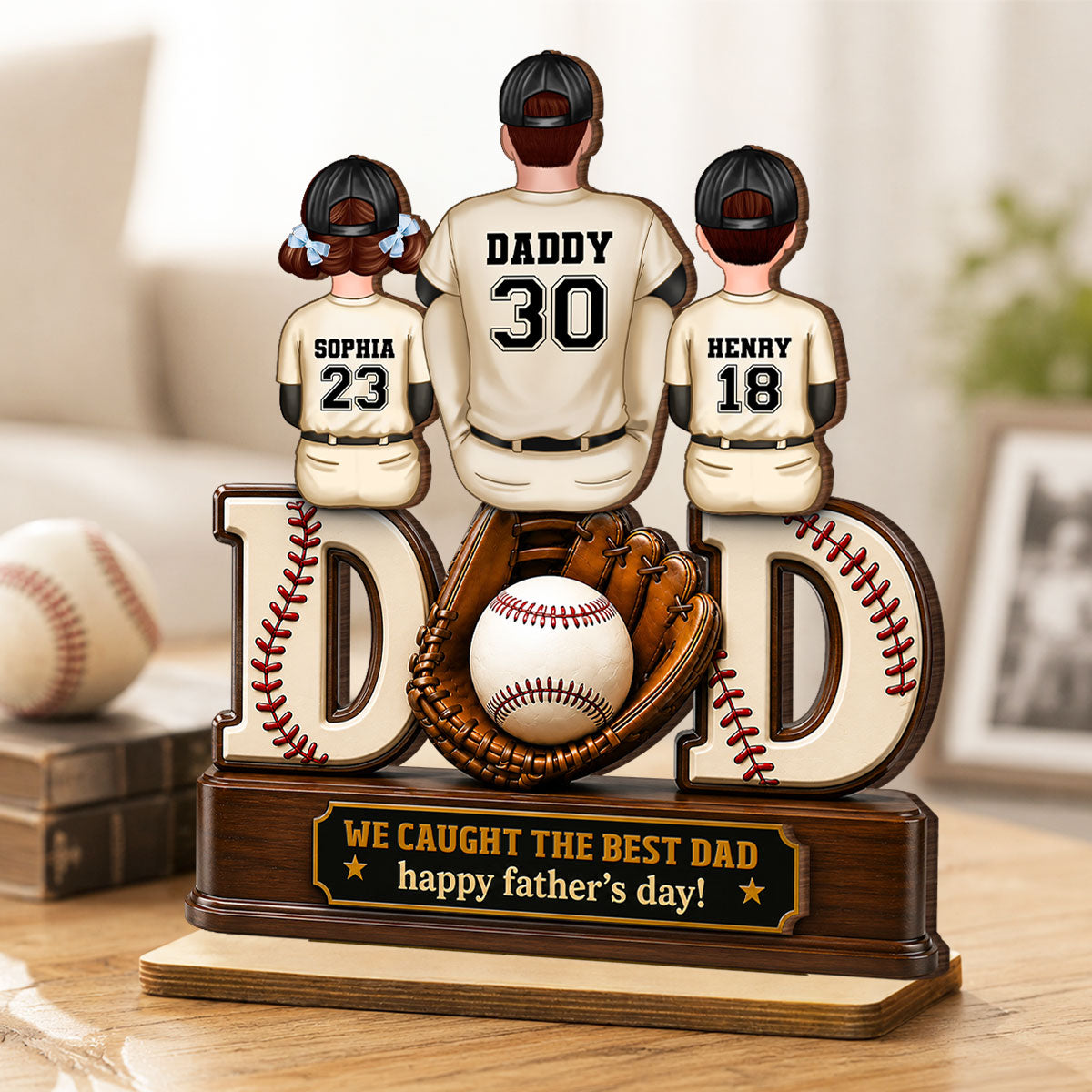 Dad And Children Baseball Gloves - Personalized 2-Layered Wooden Plaque - Gift for Dad, Husband