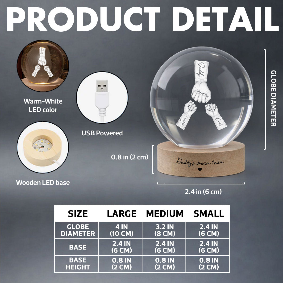 Daddy's Dream Team - Personalized Crystal Ball LED Night Light - Gift for Dad, Husband