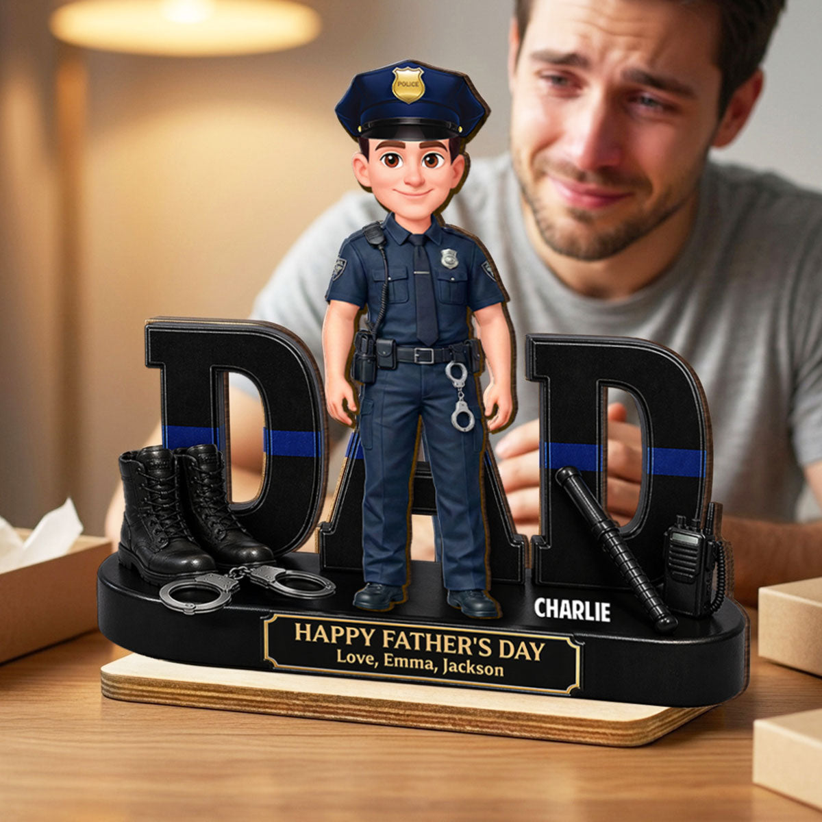 Proud American Police Officer Dad - Personalized 2-Layered Wooden Plaque - Gift For Dad