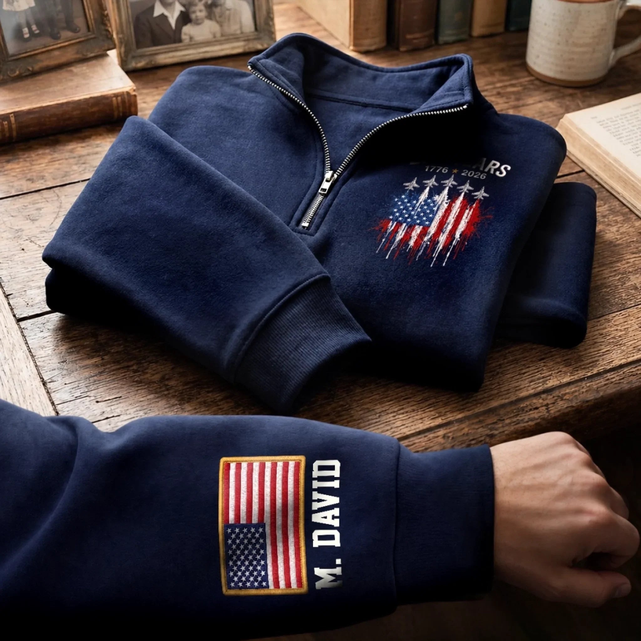 Custom Unisex Quarter Zip Sweatshirt - Personalized America 250th Anniversary Gifts For Mom, Dad, Brother, Sister, Kids - Vintage Patriot Spirit