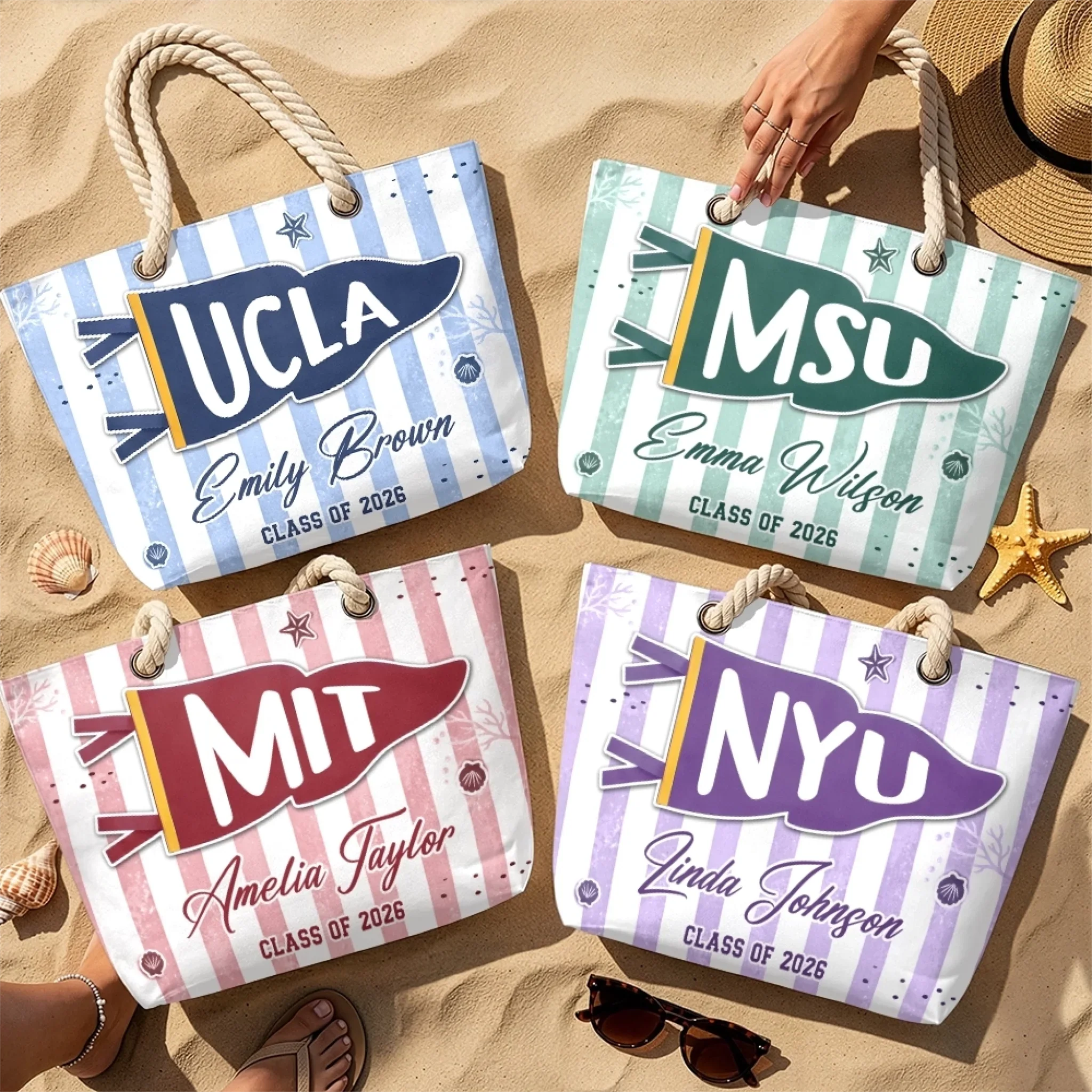 Custom Beach Bag - Personalized Summer Vacation And Travel, Graduation Gifts For Him, Her - Poolside Campus Pride