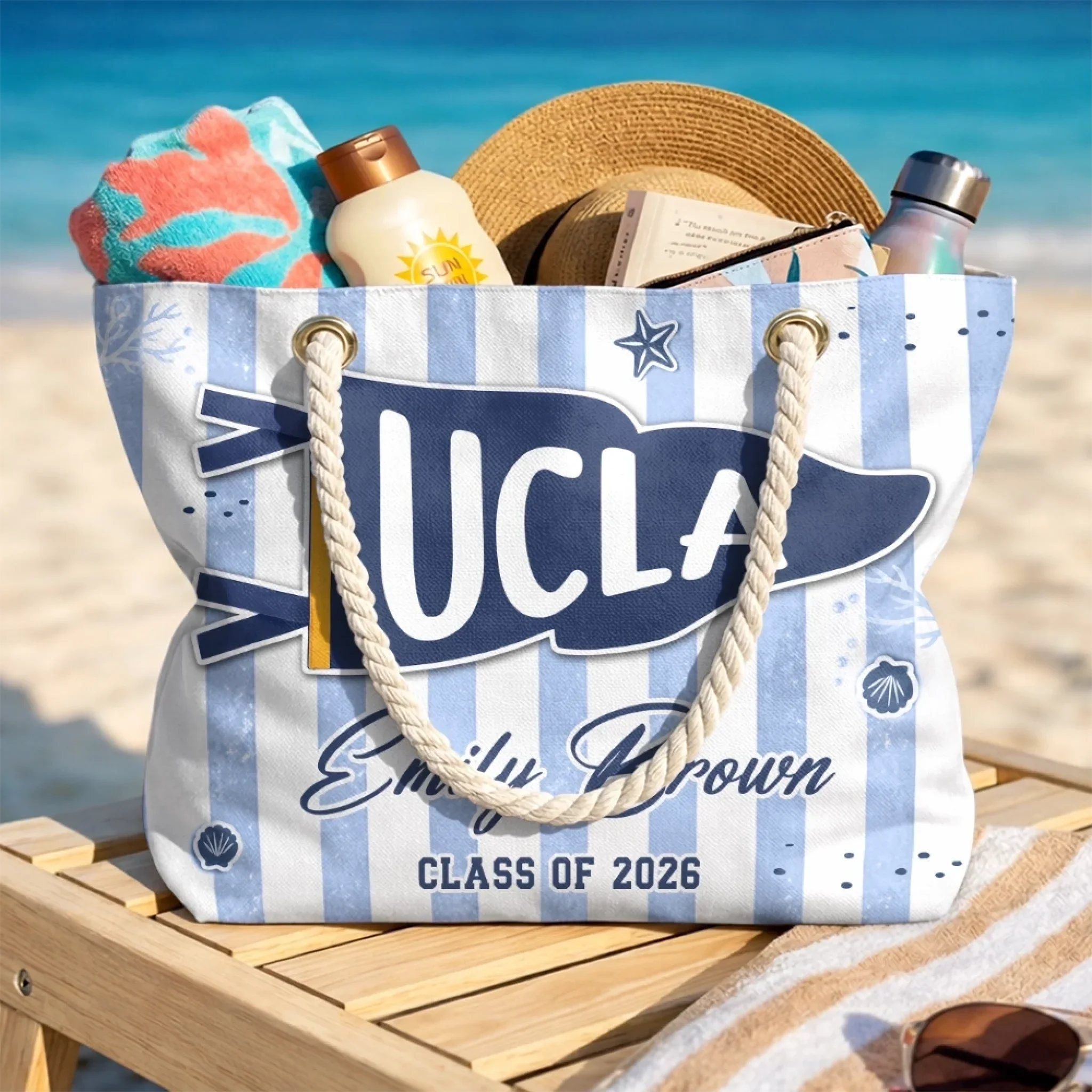 Custom Beach Bag - Personalized Summer Vacation And Travel, Graduation Gifts For Him, Her - Poolside Campus Pride
