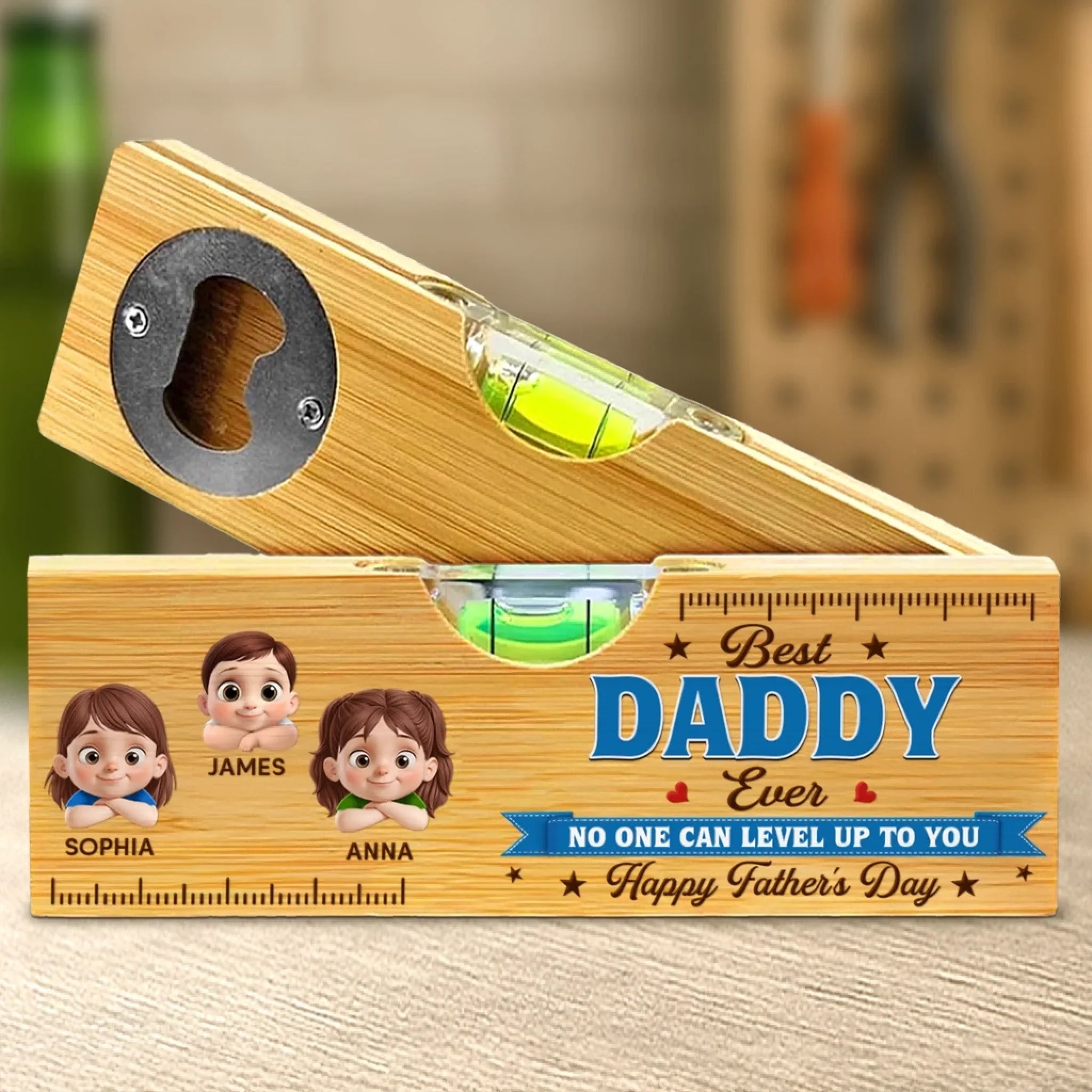Custom Wooden Bottle Opener With Built-in Spirit Level - Personalized Father's Day Birthday Gifts For Dad, Grandpa - Forever Grateful For Dad