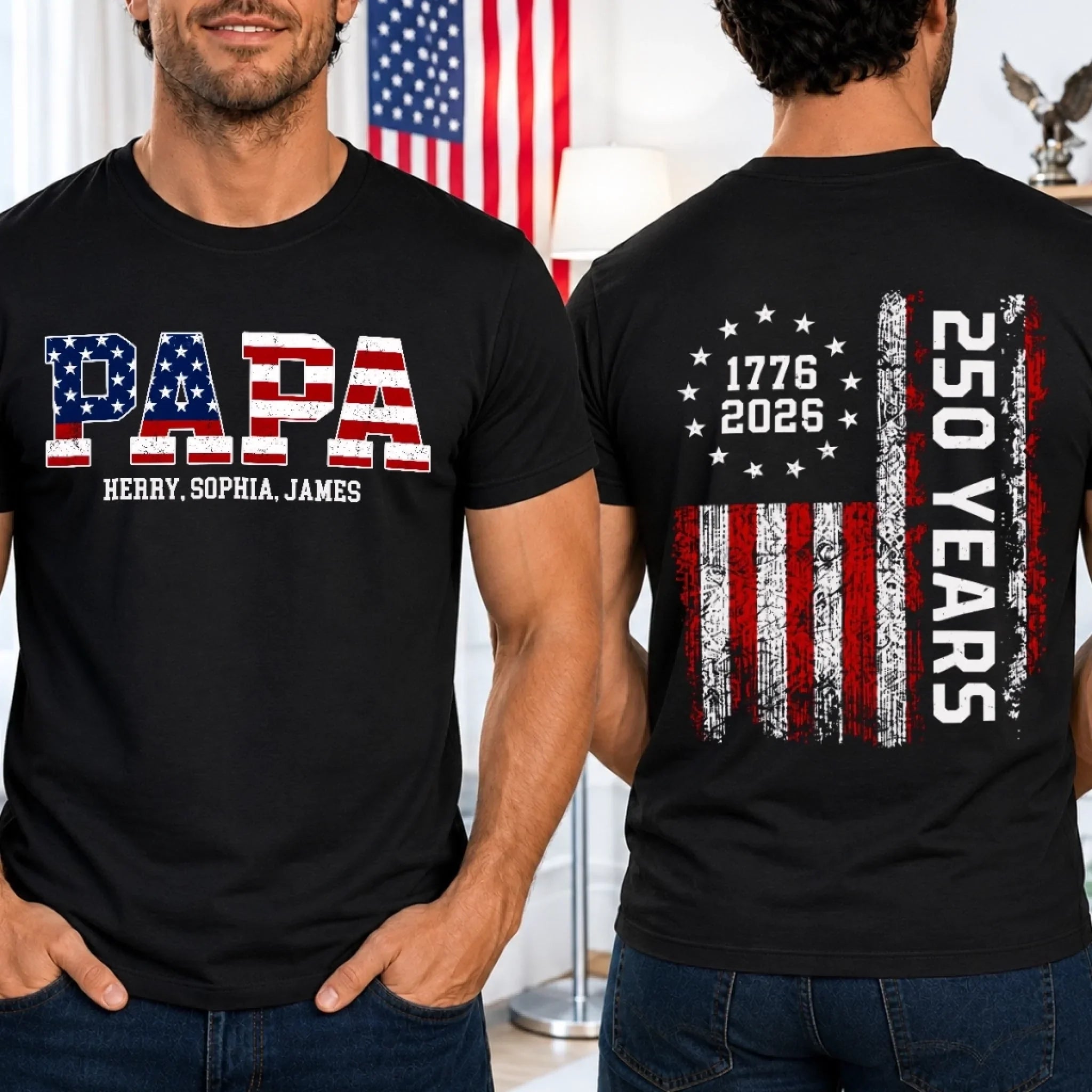 Custom T-shirt - Personalized America 250th Anniversary Gifts For Dad, Grandpa - Raised American Proud