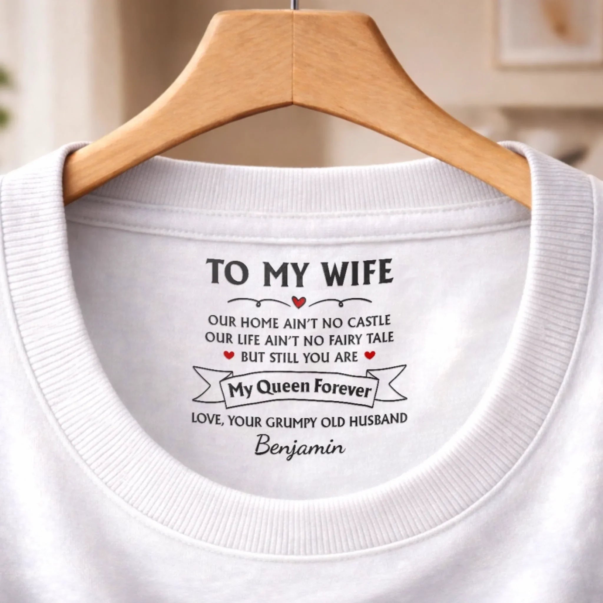 Custom Inside Neck Print T-Shirt - Personalized Anniversary Wedding Gifts For Husband And Wife, Him And Her - Her Favorite Grumpy Guy