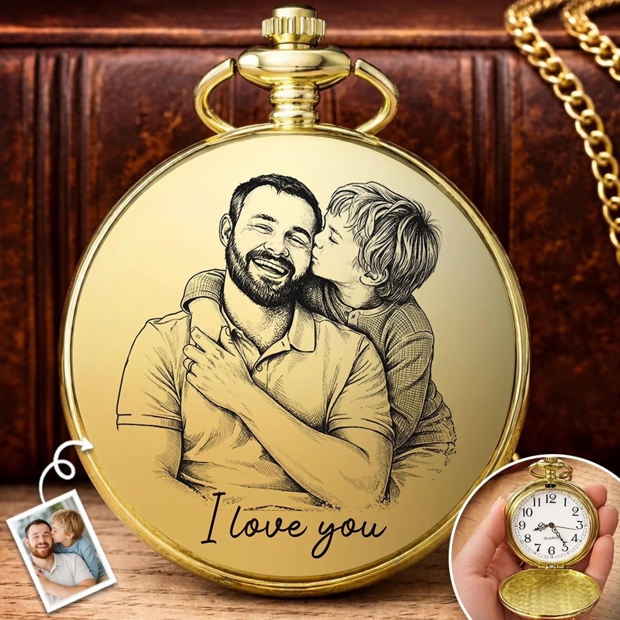 Custom Photo Pocket Watch - Personalized Father's Day Birthday Gifts For Dad, Grandpa - Dad’s Love Lights The Way