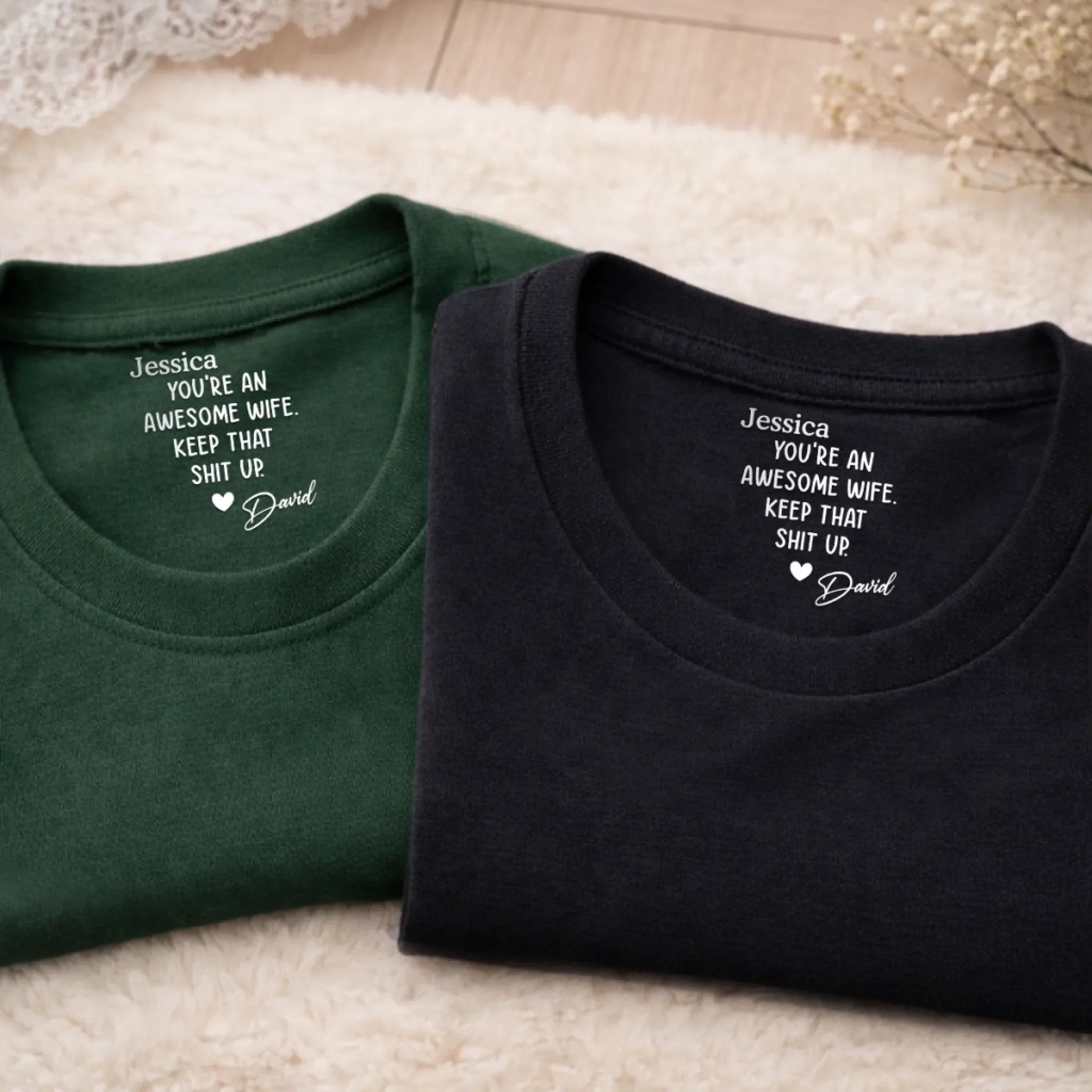 Custom Inside Neck Print T-Shirt - Personalized Anniversary Wedding Gifts For Husband And Wife, Him And Her - Keeping Marriages Funny Since Forever