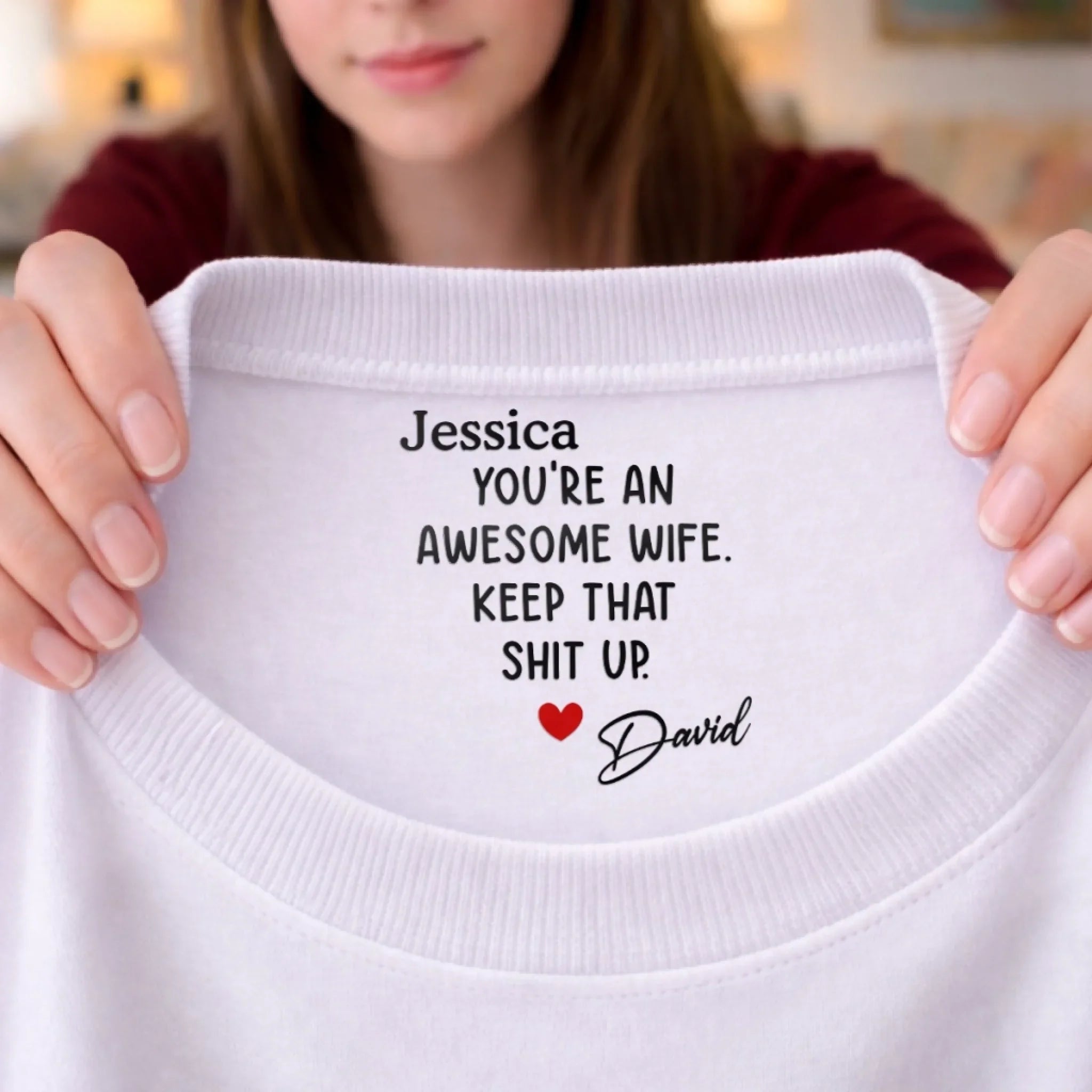 Custom Inside Neck Print T-Shirt - Personalized Anniversary Wedding Gifts For Husband And Wife, Him And Her - Keeping Marriages Funny Since Forever