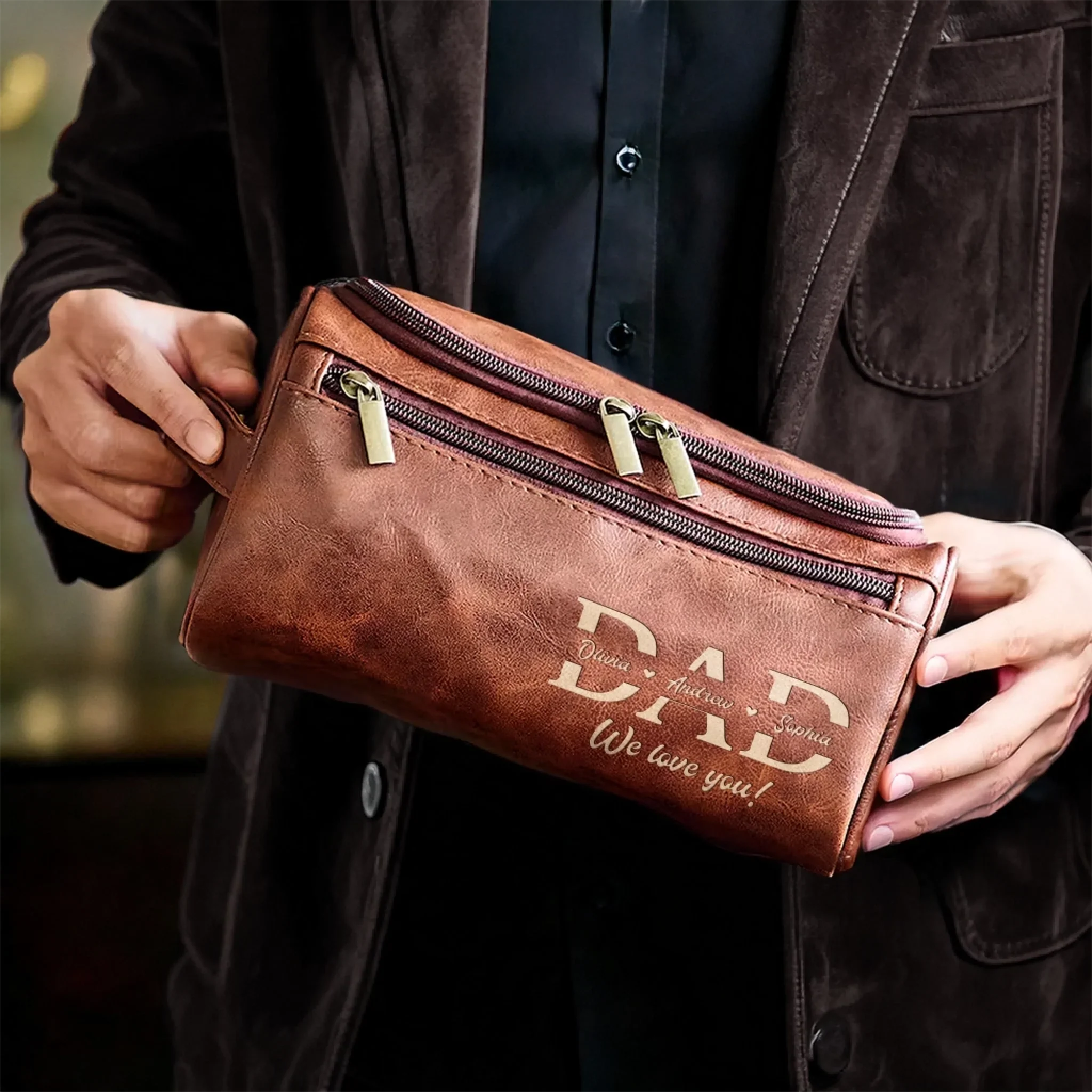 Custom Engraved Leather Toiletry Bag - Personalized Father's Day Birthday Gifts For Dad, Grandpa - Strong Hearts Start With Dad