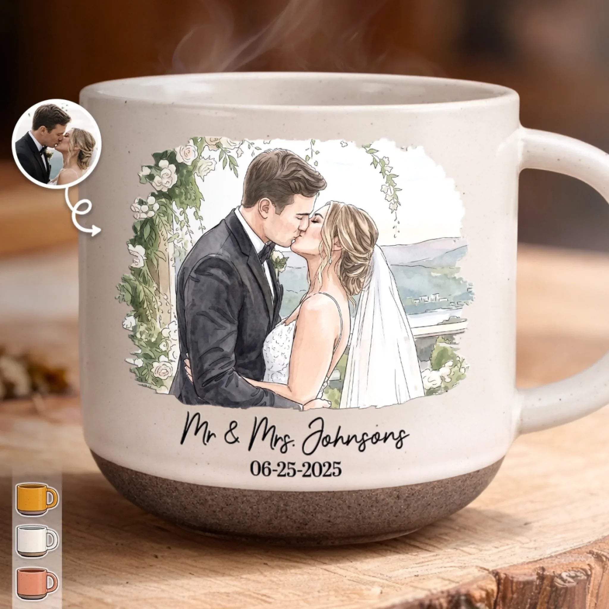 Custom Photo Printed Pottery Mug - Personalized Anniversary Wedding Gifts For Husband And Wife, Him And Her - First Kiss, Forever Sips