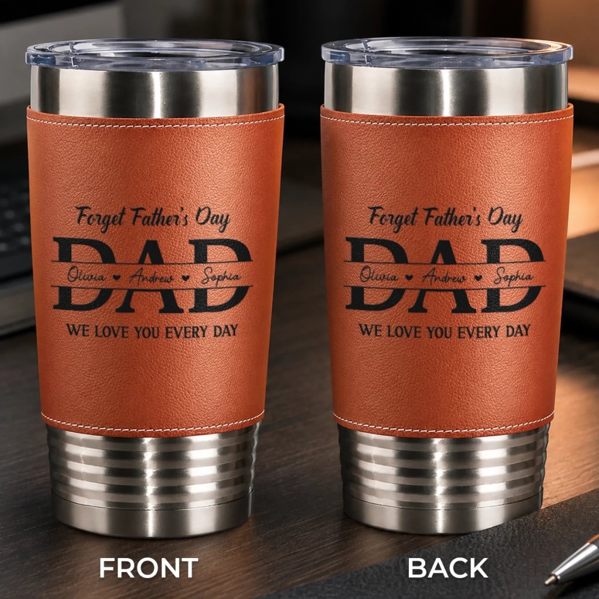 Custom Printed Leather Tumbler - Personalized Father's Day Birthday Gifts For Dad, Grandpa - Dad Makes The Best Memories