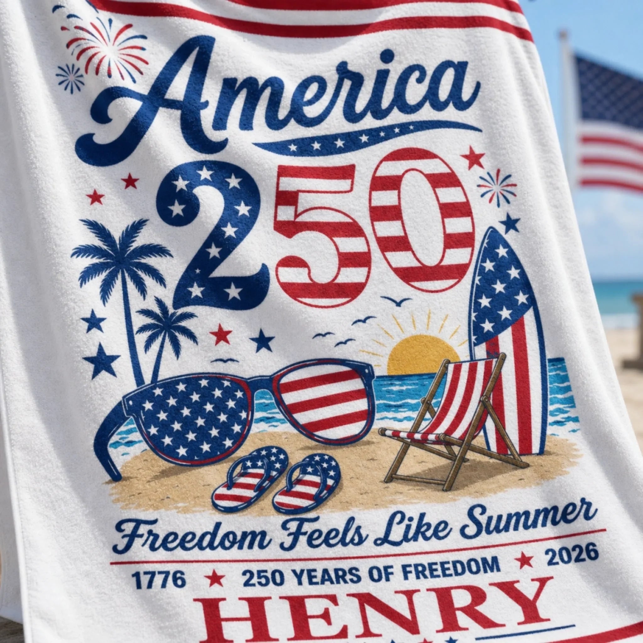 Custom Beach Towel - Personalized America 250th Anniversary, Summer Vacation And Travel Gifts For Mom, Dad, Brother, Sister, Kids - Born Free, Beach Bound