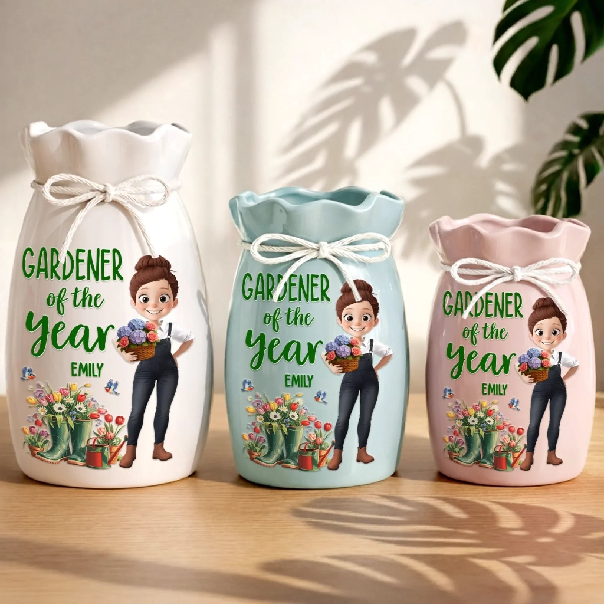 Custom Flower Vase With Ribbon - Personalized Birthday Garden Gifts For Gardeners - Gardener Of The Year