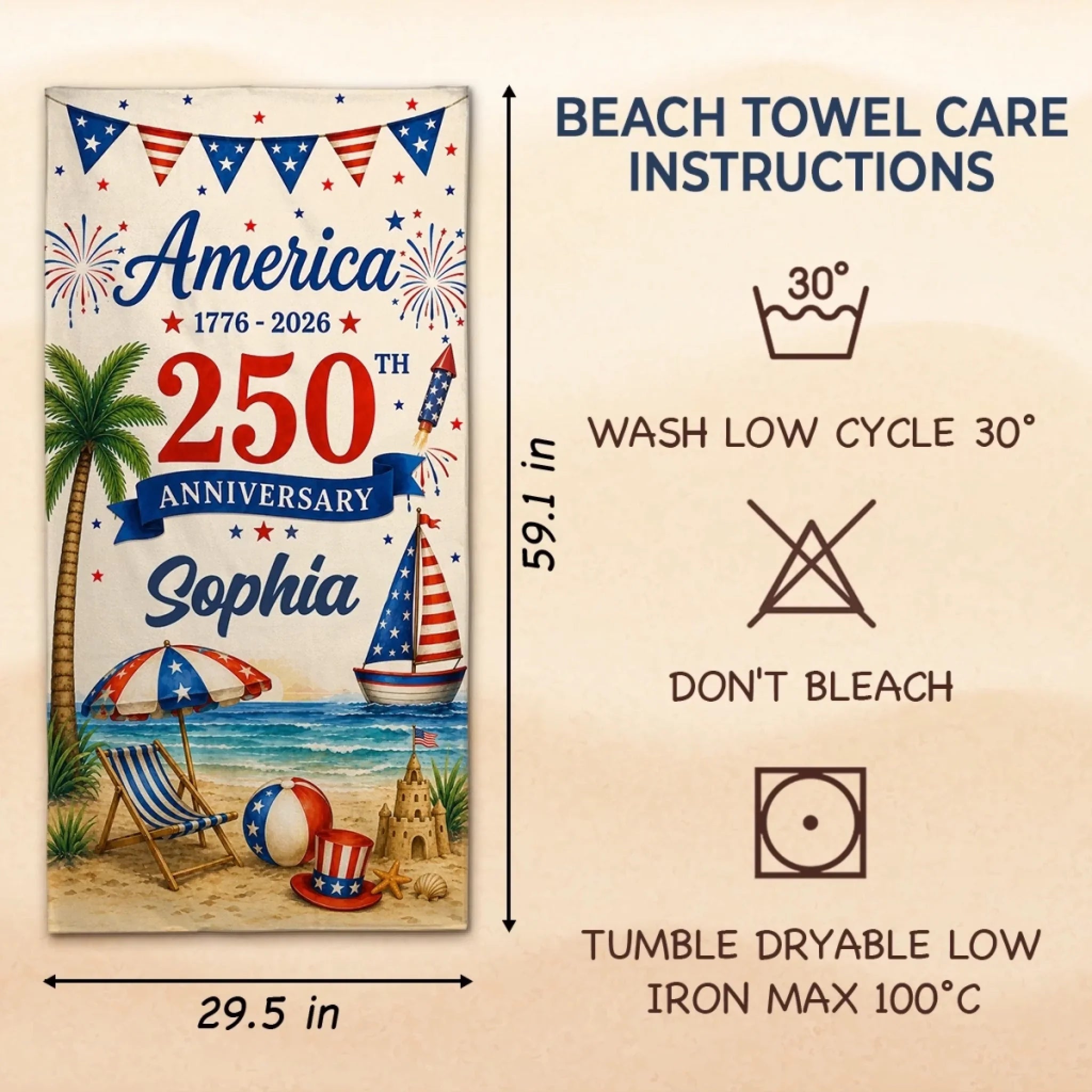 Custom Beach Towel - Personalized America 250th Anniversary, Summer Vacation And Travel Gifts For Mom, Dad, Brother, Sister, Kids - United By Freedom And Pride