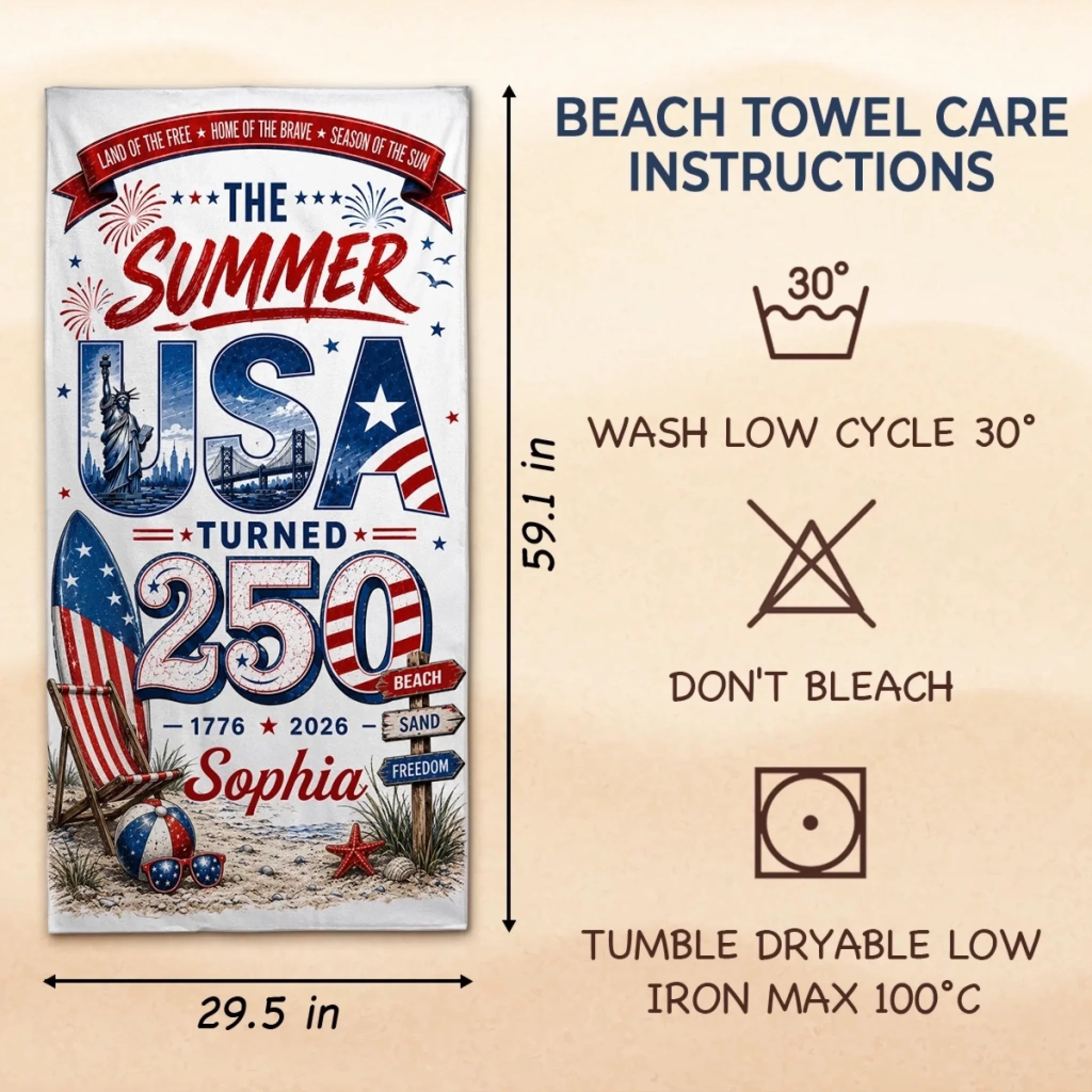 Custom Beach Towel - Personalized America 250th Anniversary, Summer Vacation And Travel Gifts For Mom, Dad, Brother, Sister, Kids - Celebrating 250 Years Strong