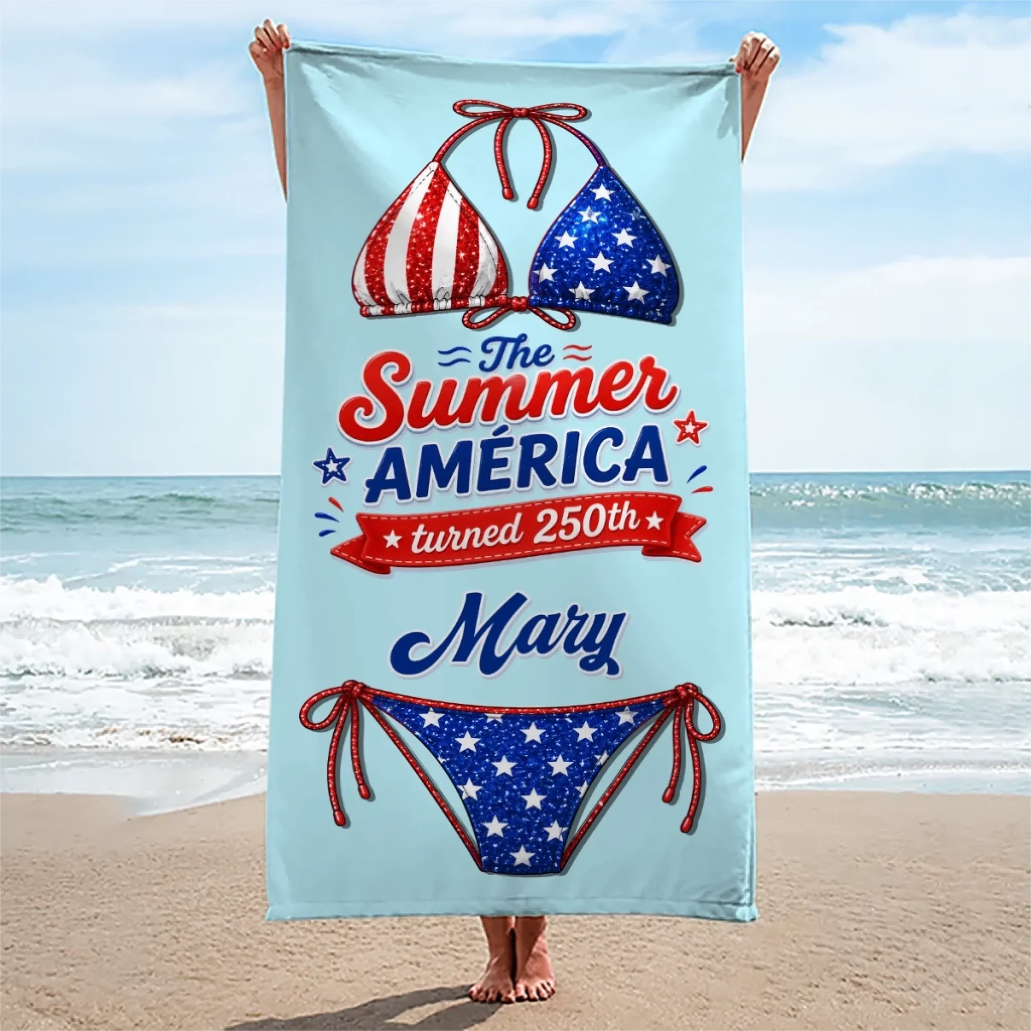 Custom Beach Towel - Personalized America 250th Anniversary, Summer Vacation And Travel Gifts For Best Friends, Family - Stars Stripes Sunshine