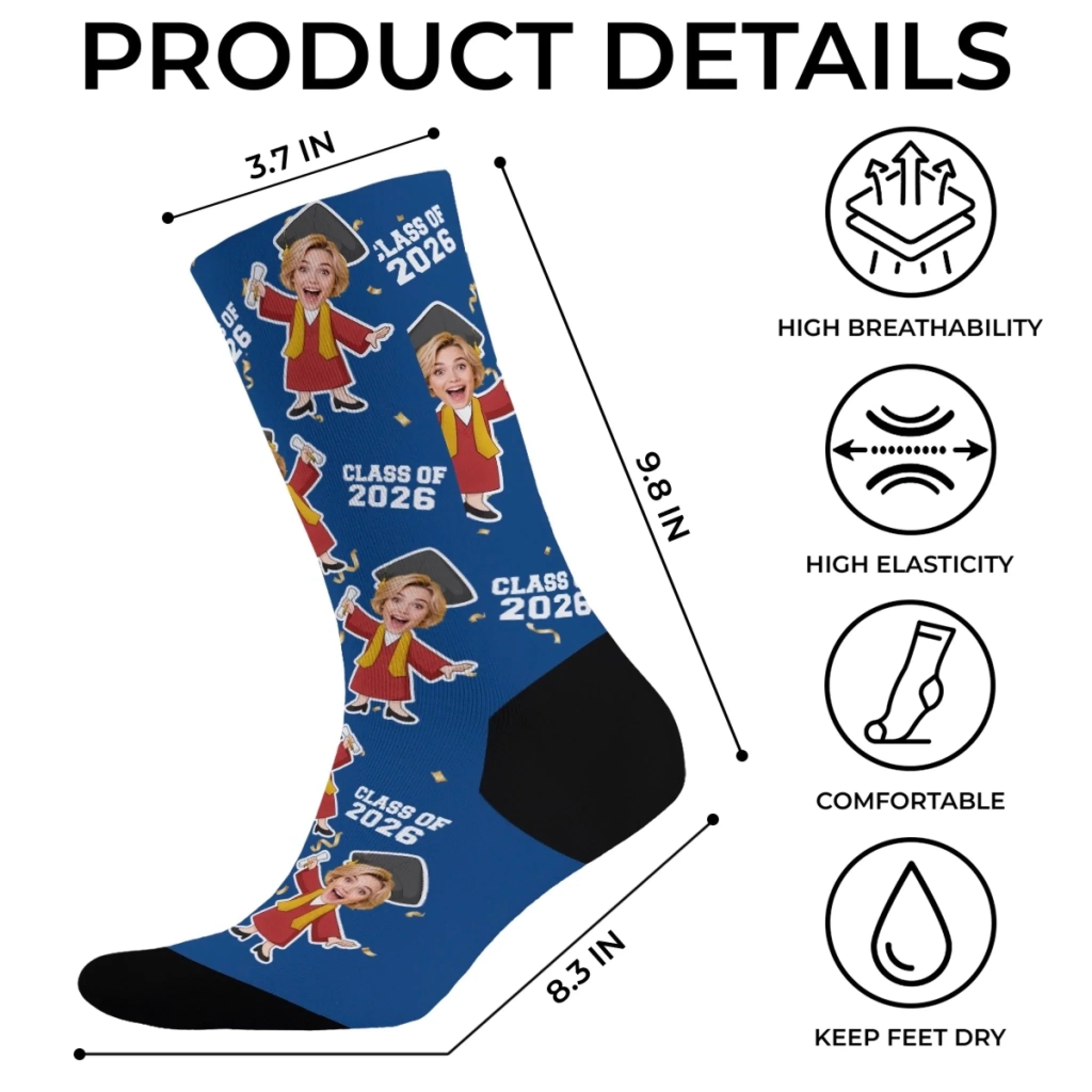 Custom Photo Middle Tube Socks - Personalized Graduation Gifts For Him, Her - Senior Year Socks