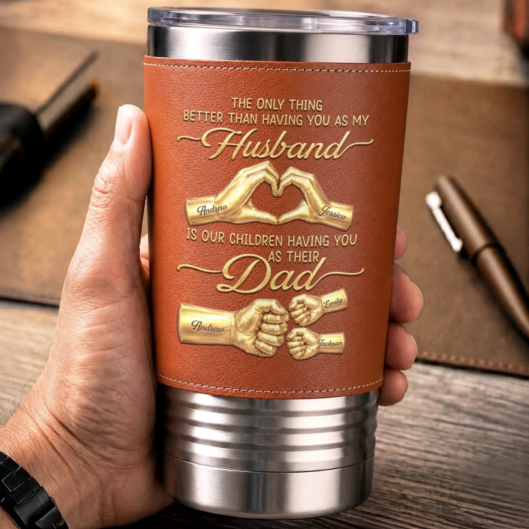 Custom Printed Leather Tumbler - Personalized Father's Day Birthday Gifts For Dad, Grandpa - Forever Grateful For Dad