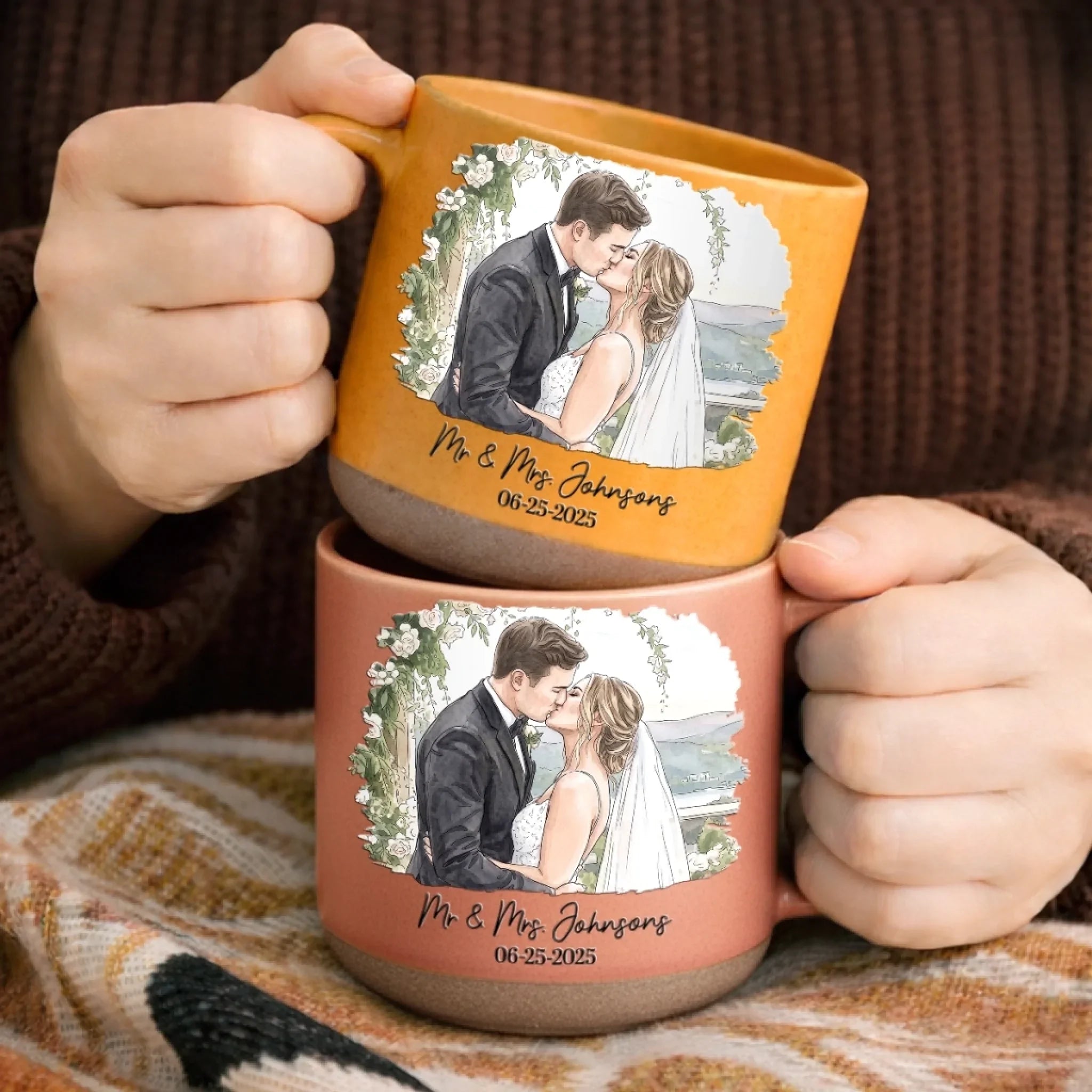 Custom Photo Printed Pottery Mug - Personalized Anniversary Wedding Gifts For Husband And Wife, Him And Her - First Kiss, Forever Sips