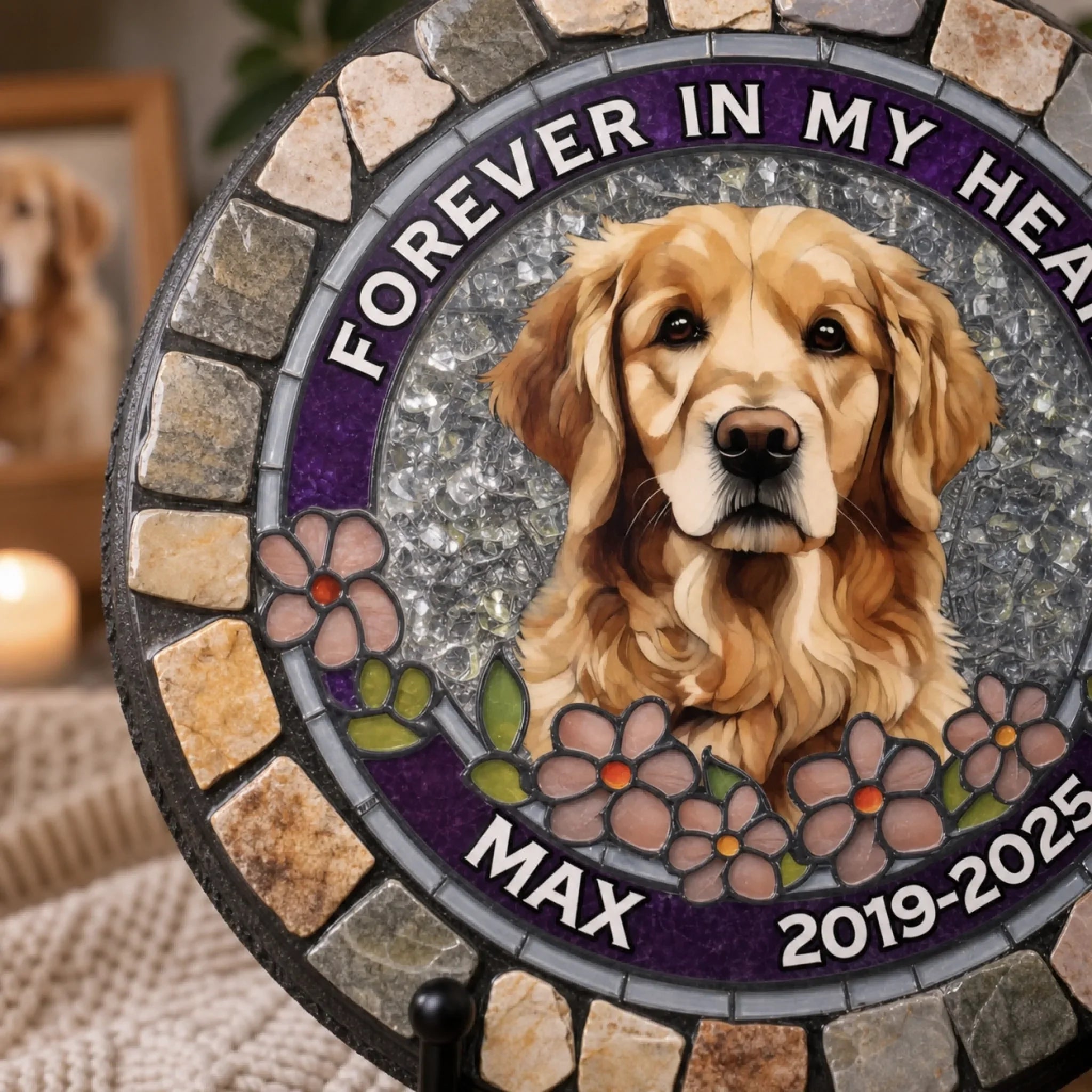 Custom Photo Forever Loved, Never Forgotten - Memorial Personalized Custom 3D Mosaic Faux Stained Glass Print Round Shaped Memorial Stone - Sympathy Gift For Pet Owners, Pet Lovers