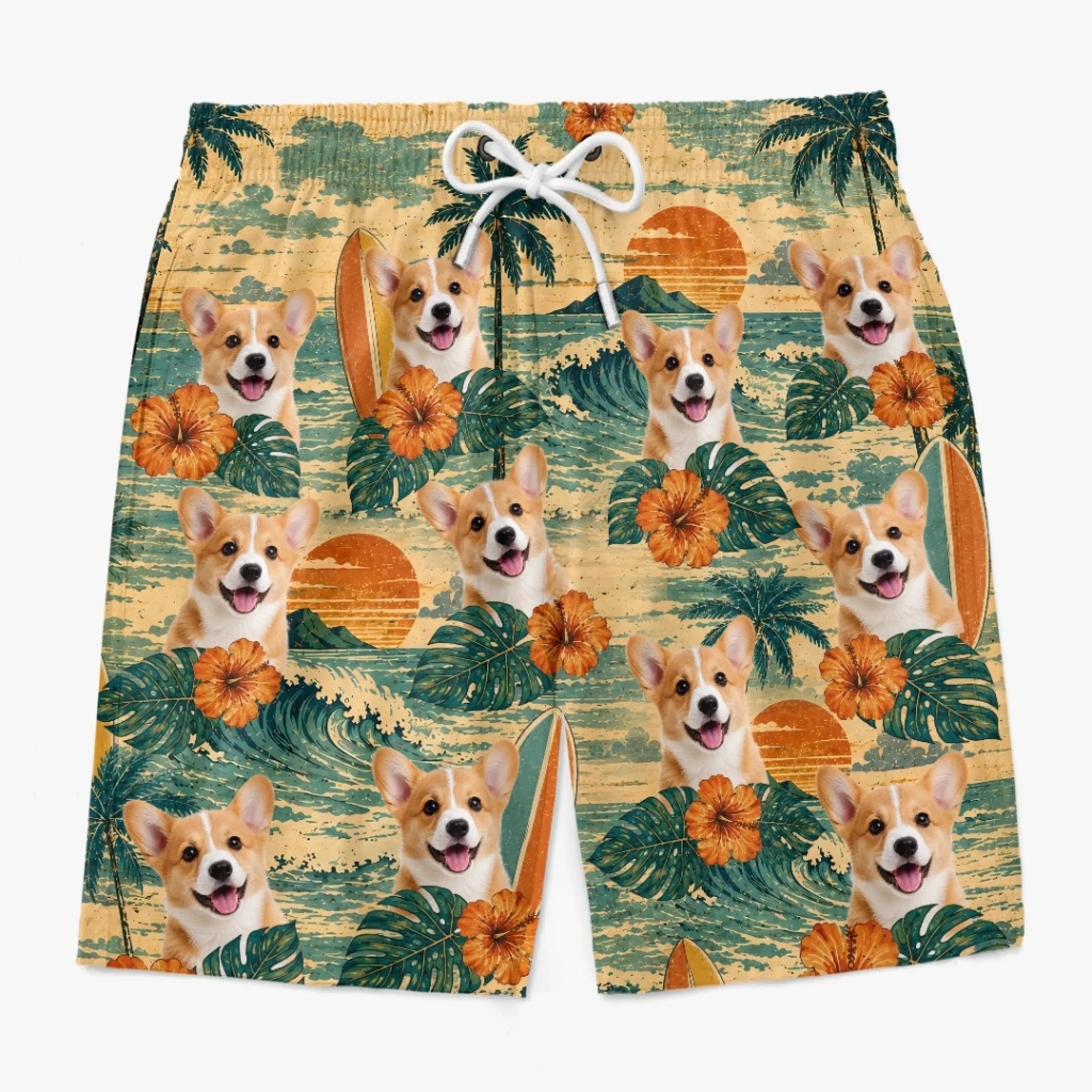 Custom Photo Tropical Hawaiian Aloha Men Beach Shorts - Personalized Summer Vacation And Travel Gifts For Dog Cat Lovers, Dog Dad And Mom, Cat Owners - Golden Hour, Golden Pups